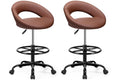 Brown 2 Pack, Drafting Chair with Back, Height Adjustable Rolling Stool with Foot Rest, Tall 360° Swivel Stool PU Leather Chair with Wheels for Home Office, Standing Desk