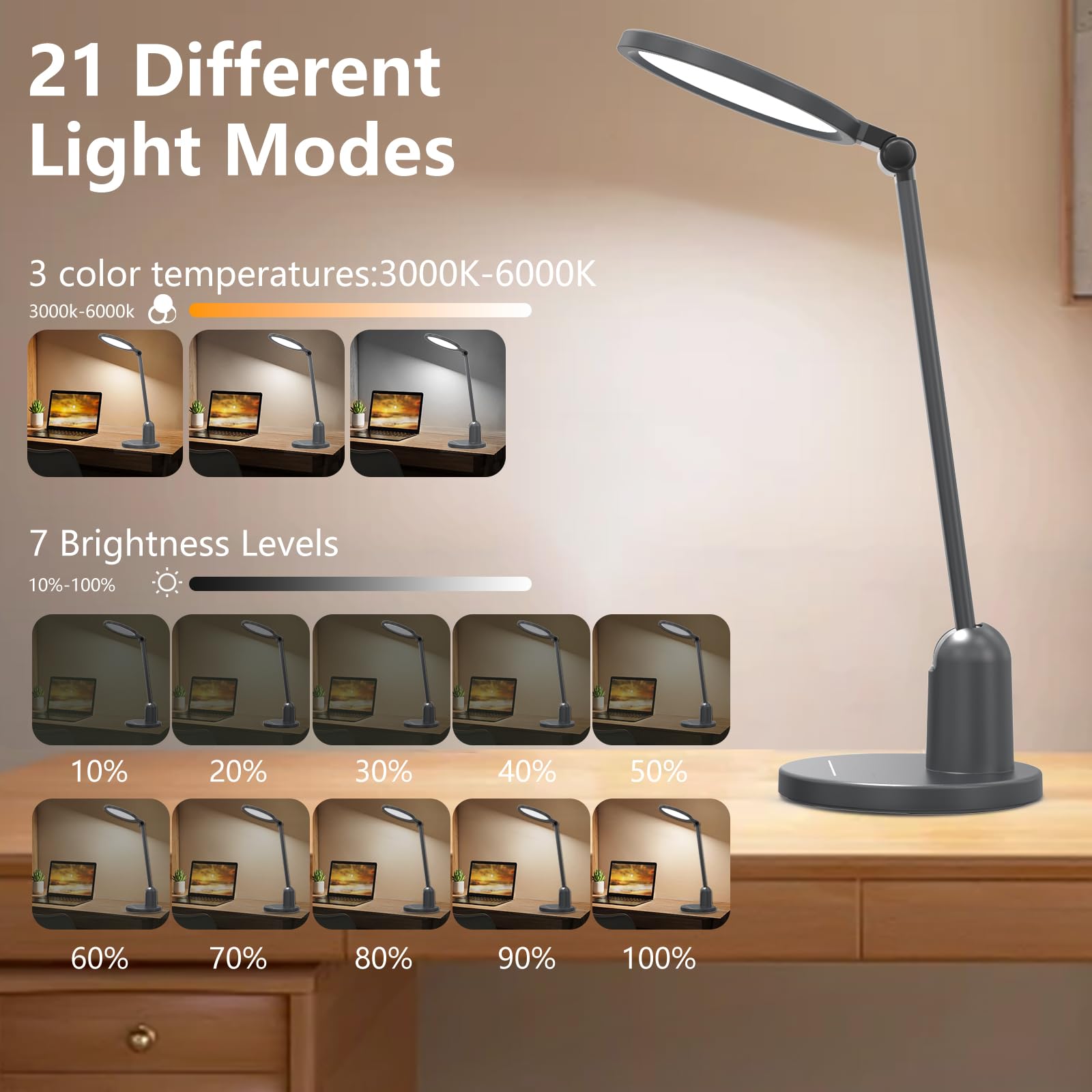 Desk Lamps for Office with Stable Base, 1000LM Ultra Bright Eye-Caring LED Desk Light, 3000K-6000K Dimmable Table Lamp with Stepless Dimming & Timing Function for Work, Reading, Bedroom, Bedside