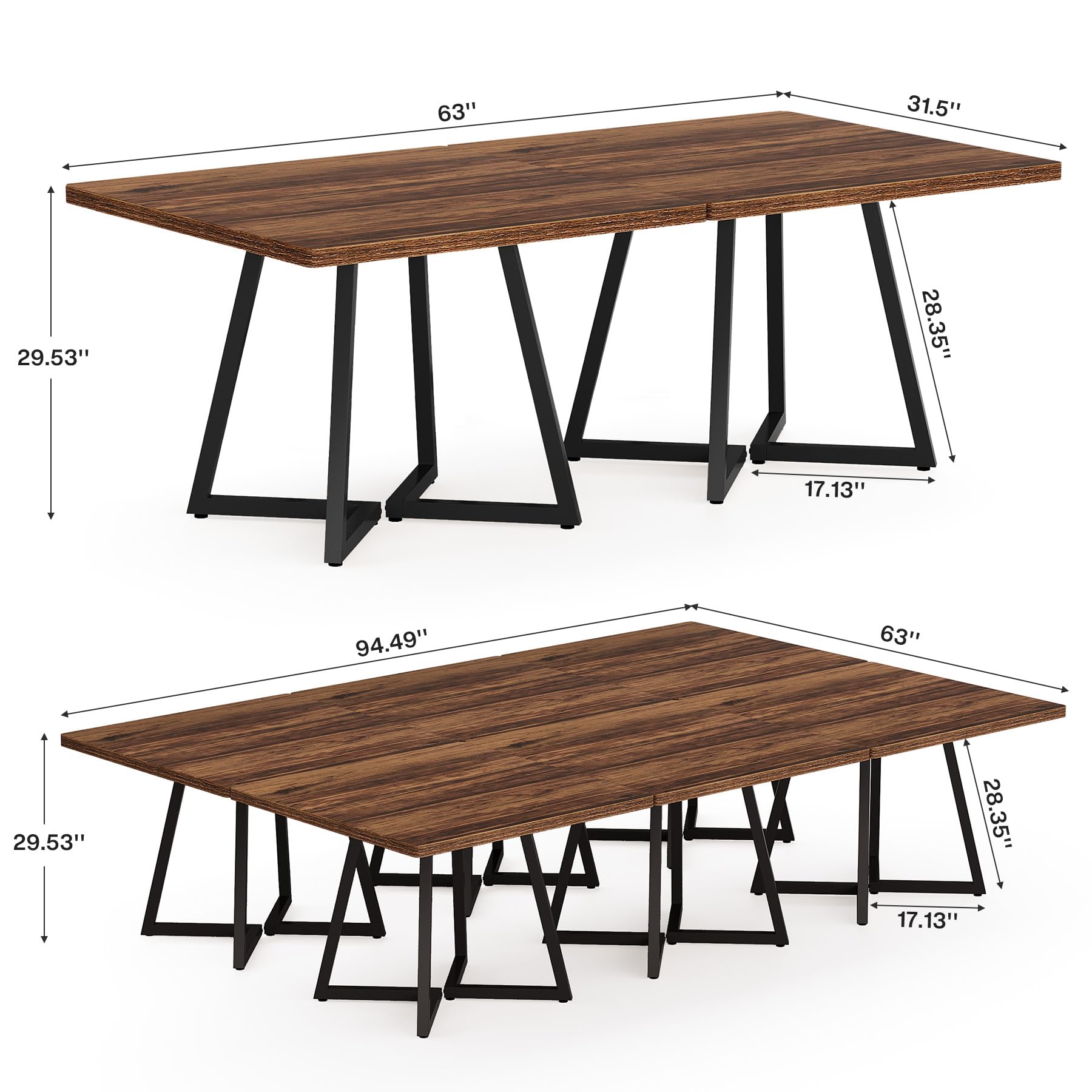 31.5" Square Conference Table Set of 6, 8 ft Industrial Office Meeting Table for 8-10 People, Business Podcast Furniture with Metal Base for Small Spaces, Office Conference, Brown