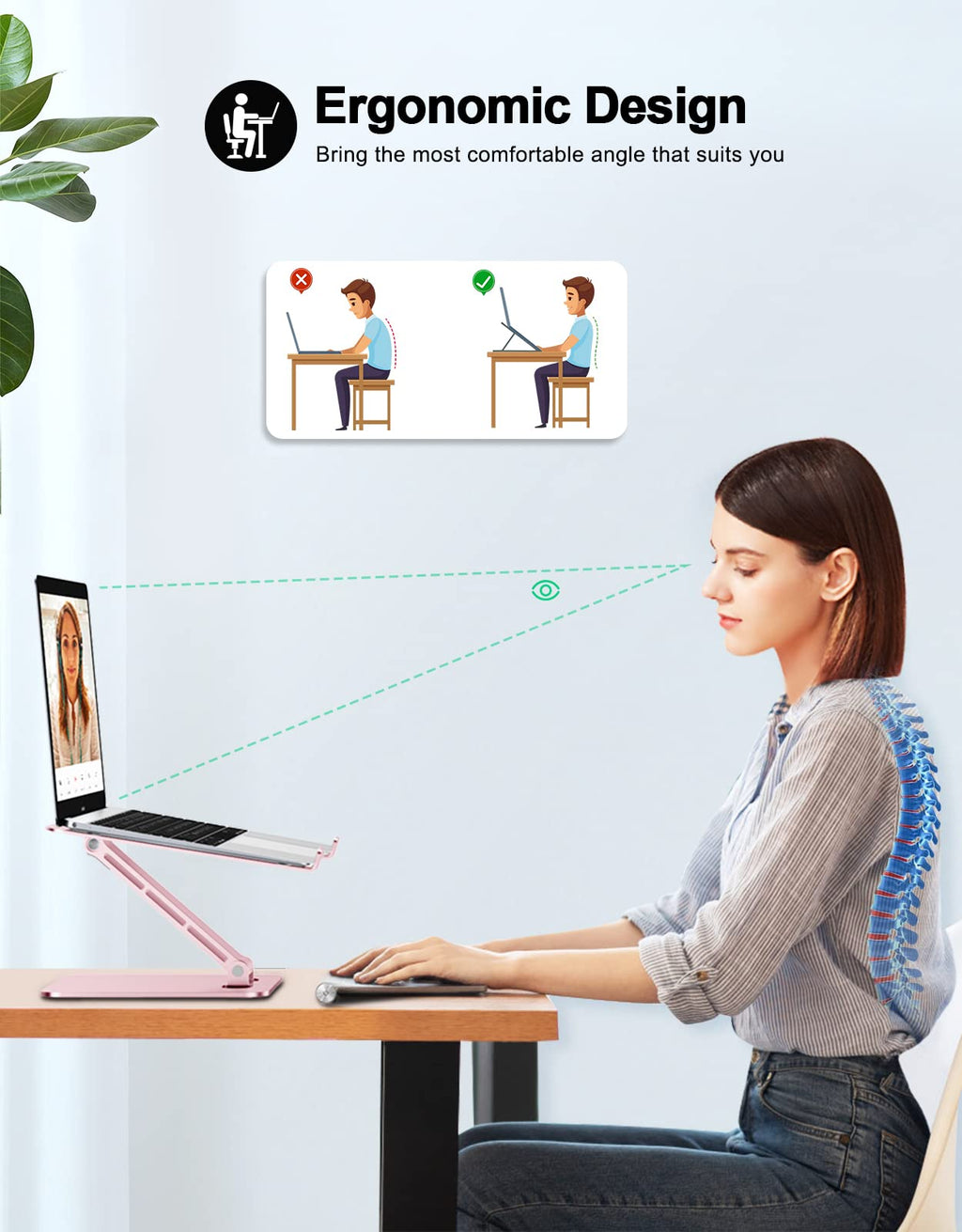 Foldable Aluminum Alloy Laptop Stand for Desk, Height Adjustable Ergonomic Computer Stand, Portable Laptop Riser Holder Printer Stand Compatible with MacBook Pro Air/HP/Dell 10-16", Pink