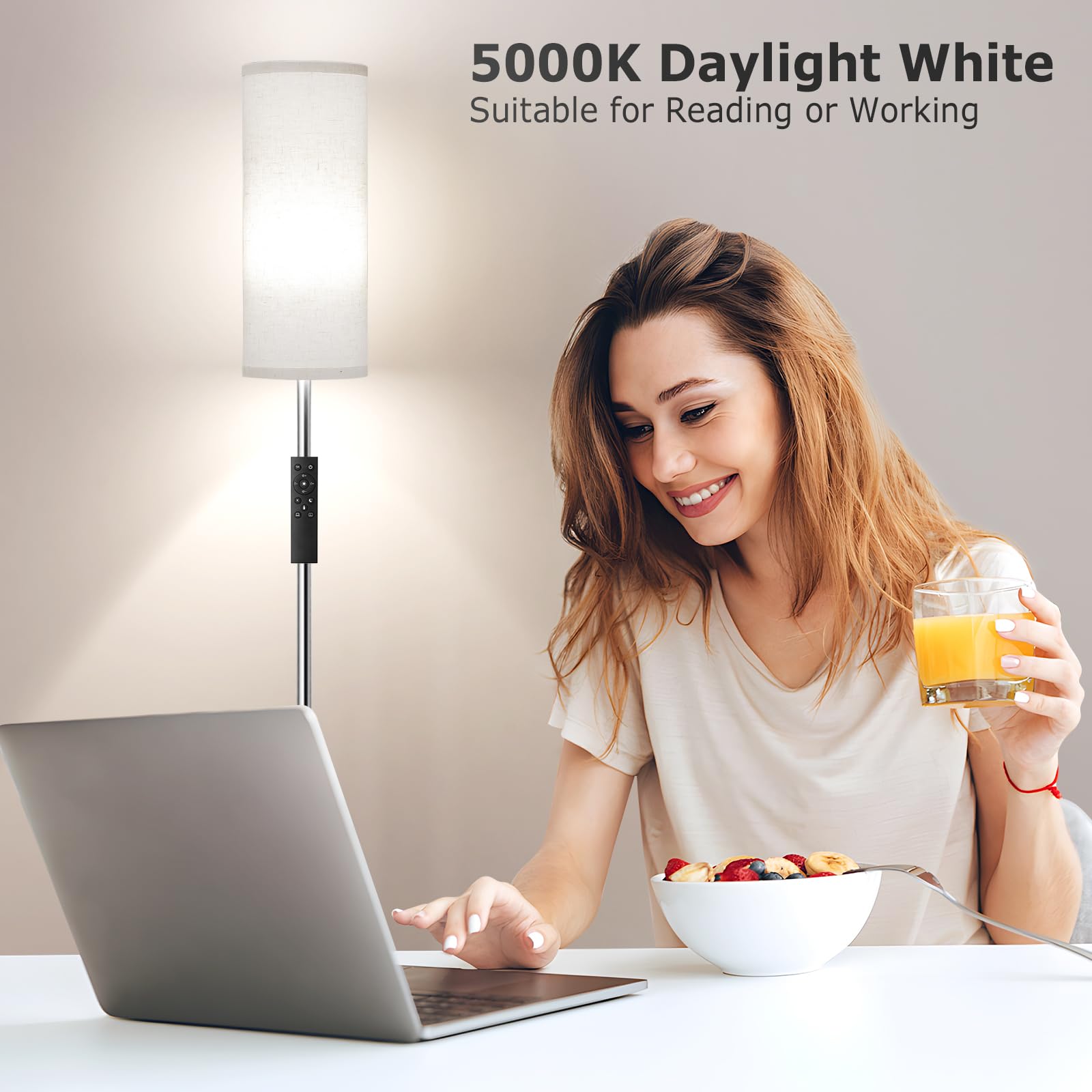 64'' Floor Lamps for Living Room with Remote Control and Stepless Dimmable Colors Temperature & Brightness, 9W Bulb Included(Beige Lampshade & Silver Pole)