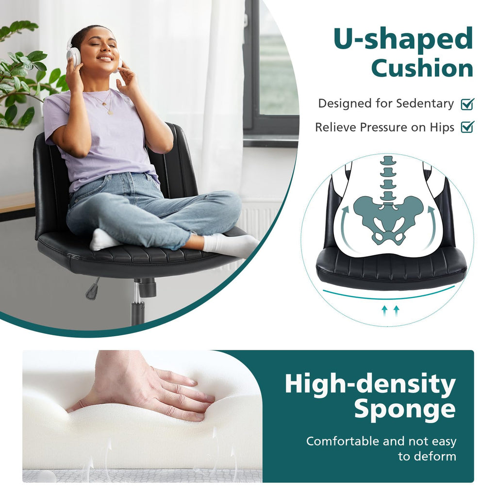 Criss Cross Chair with Wheels Wide Cross Legged Office Desk Vanity Chair Comfy Fabric Armless Adjustable Swivel for Home Computer Task PU Black