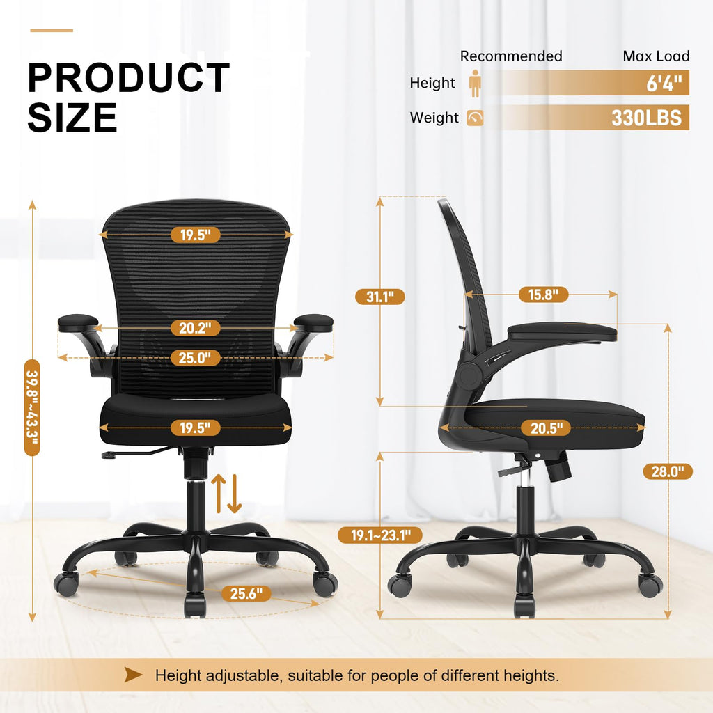Pack of 2, Office Chair, Ergonomic Desk Chairs 330LBS Capacity High Back Mesh Computer Chair with Flip-up Armrests, Comfy Work Chair with Adjustable Lumbar Support