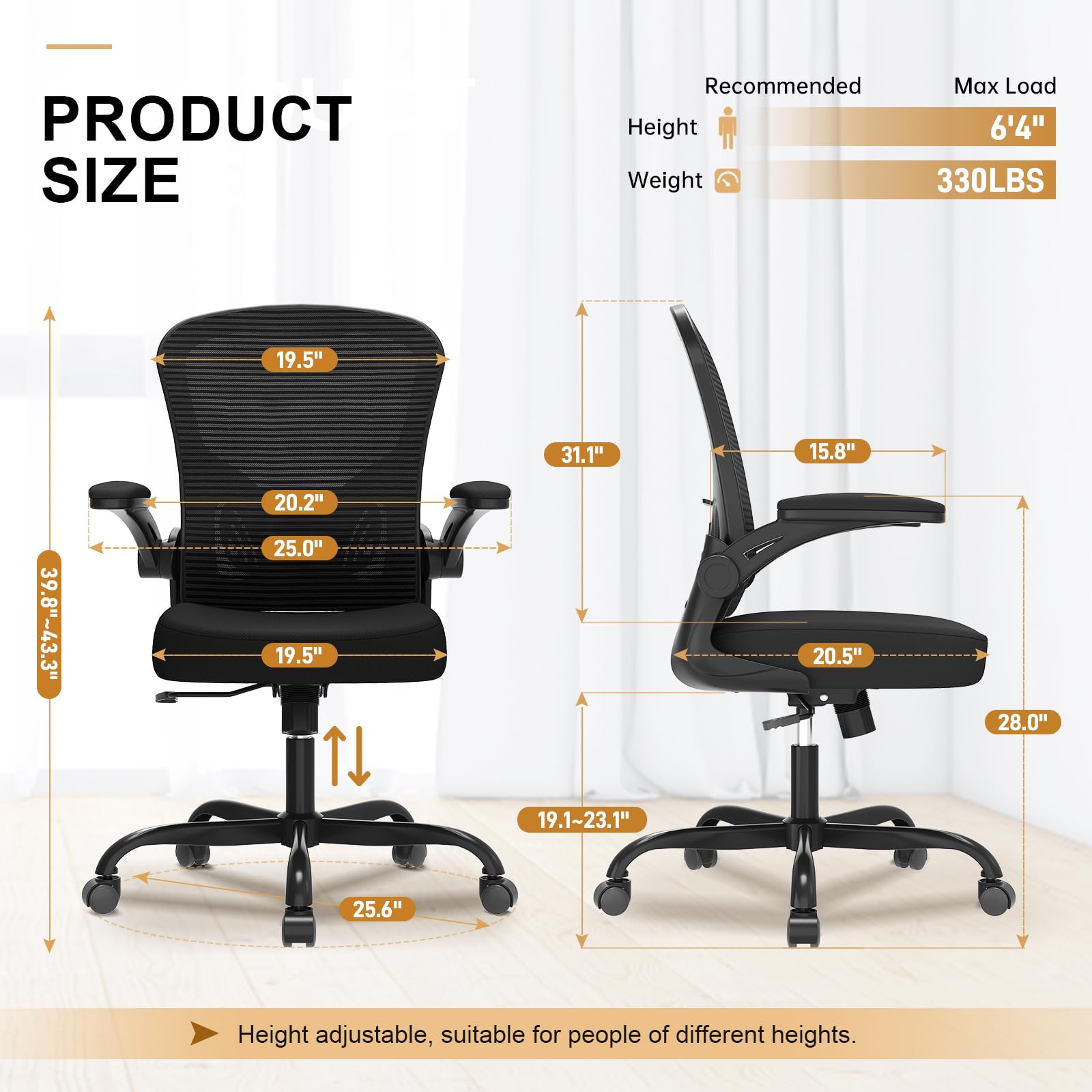 Pack of 2, Office Chair, Ergonomic Desk Chairs 330LBS Capacity High Back Mesh Computer Chair with Flip-up Armrests, Comfy Work Chair with Adjustable Lumbar Support