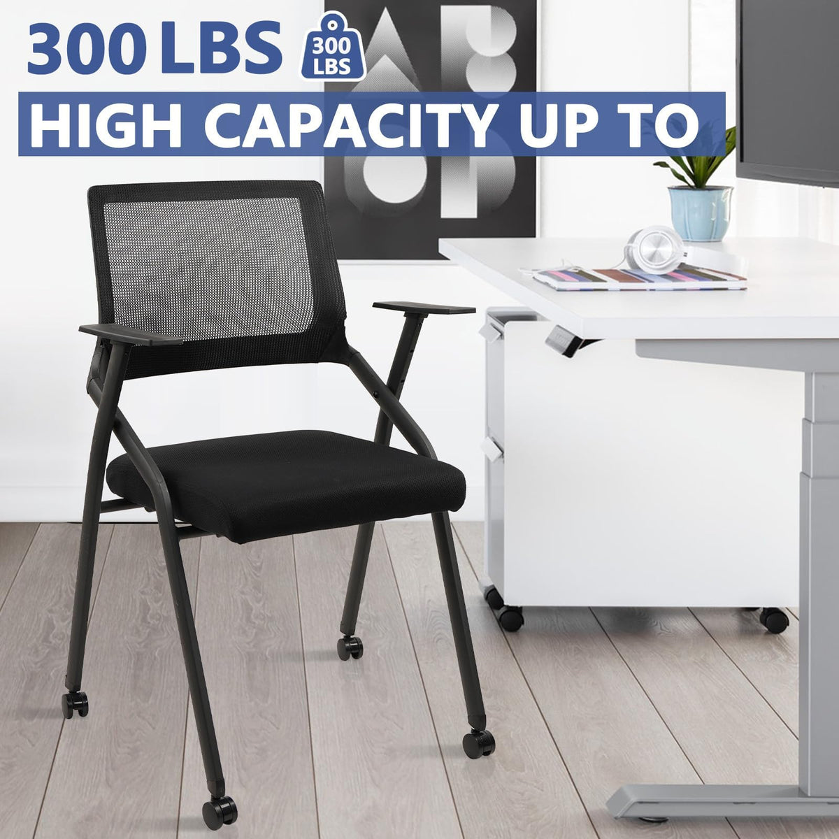 (6 pk) Ergonomic Stackable & Foldable Conference Room Chairs, Mesh Office Chair with Arms and Wheels for Office Waiting Room Meeting Lobby Church School Receptions and Training