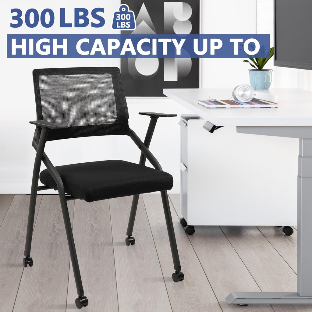 Black (4 pk) Ergonomic Stackable & Foldable Conference Room Chairs, Mesh Office Chair with Arms and Wheels for Office Waiting Room Meeting Lobby Church School Receptions and Training