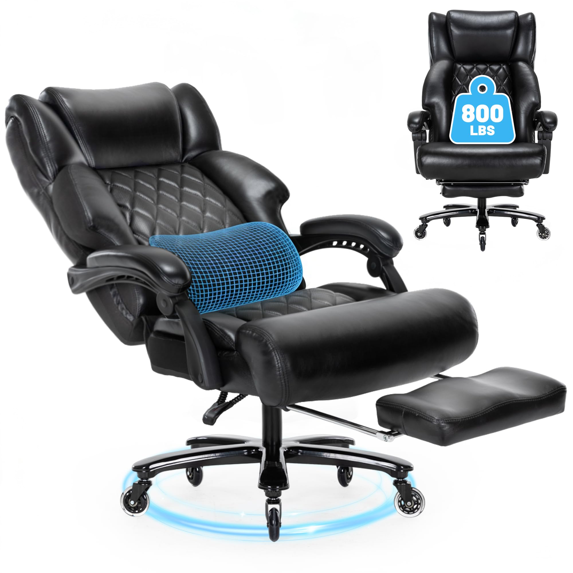 800LBS Big and Tall Office Chair with Foot Rest, Heavy Duty Executive Reclining Chair for Heavy People, Extra Wide Seat and Mobile Lumbar,High Back Large Computer Desk Chair for Home Office