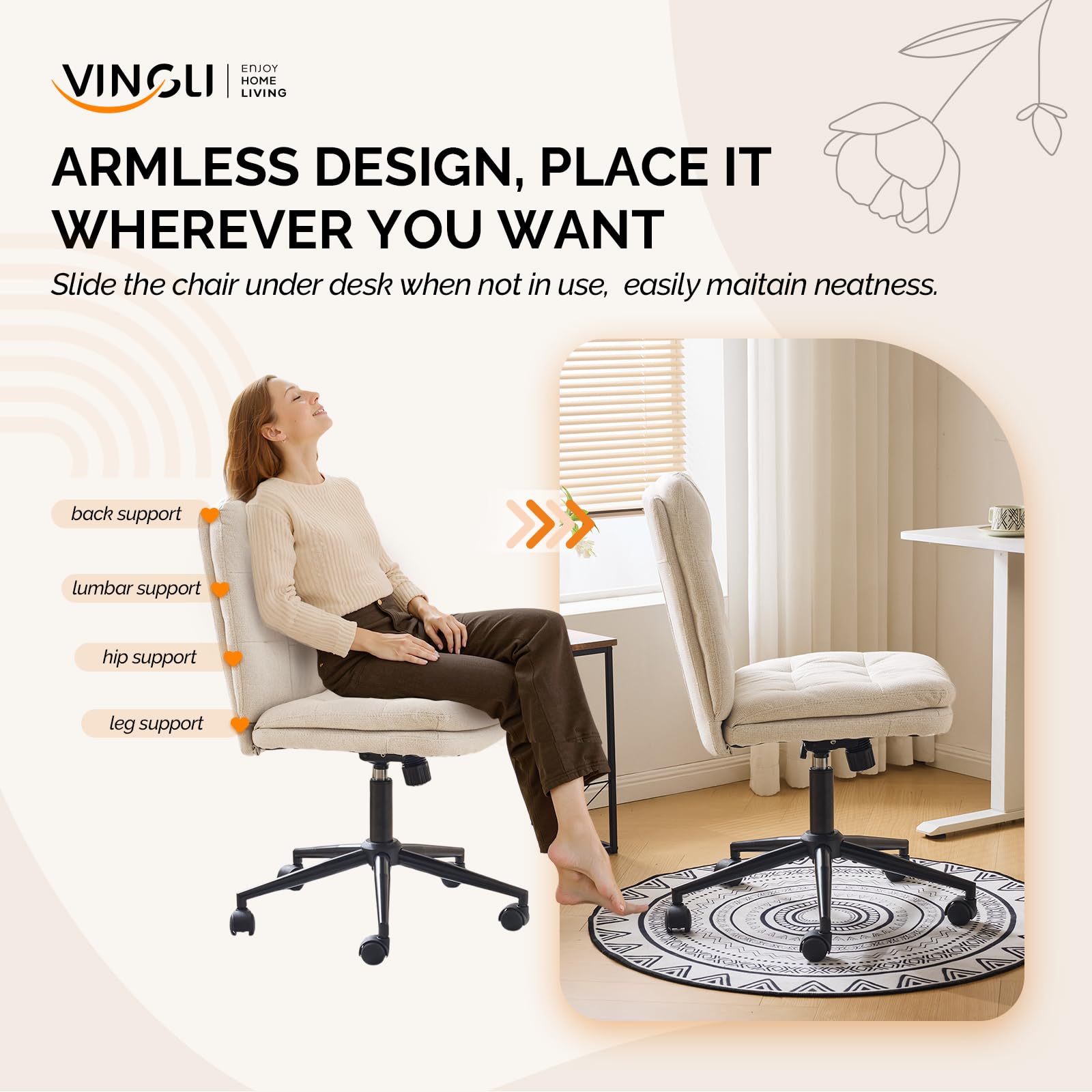 Mid Back Armless Office Desk Chair with Wheels/no Wheels,360°Rocking Swivel Vanity Chair with Thickened Cushion,Adjustable Height Rolling for Reading Room, Make up,Linen Beige