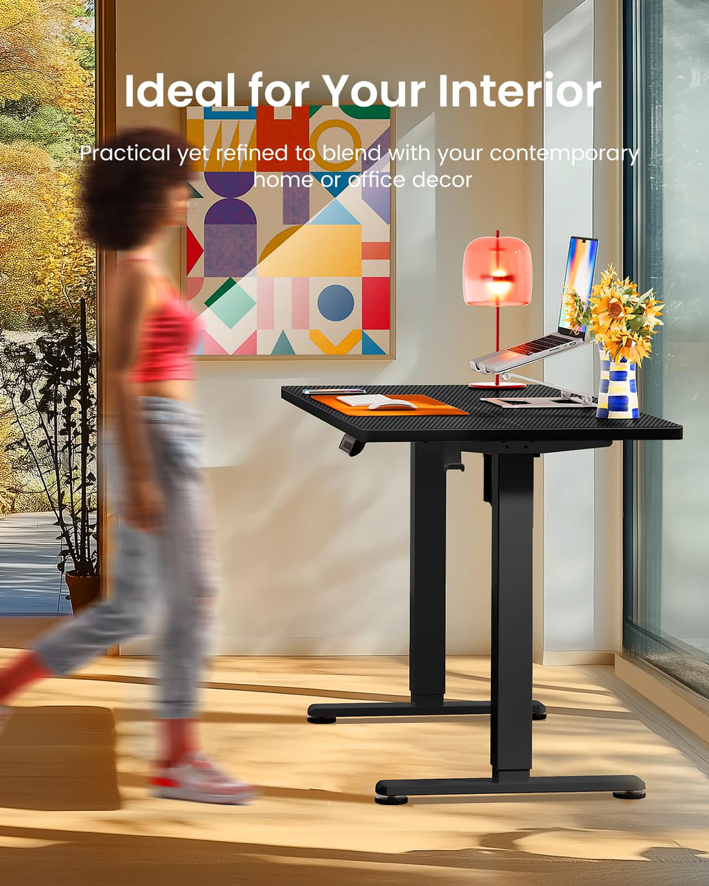 Height Adjustable Electric Standing Desk, 55 x 28 Inches Sit Stand up Desk, Memory Computer Home Office Desk, Carbon Fiber Black