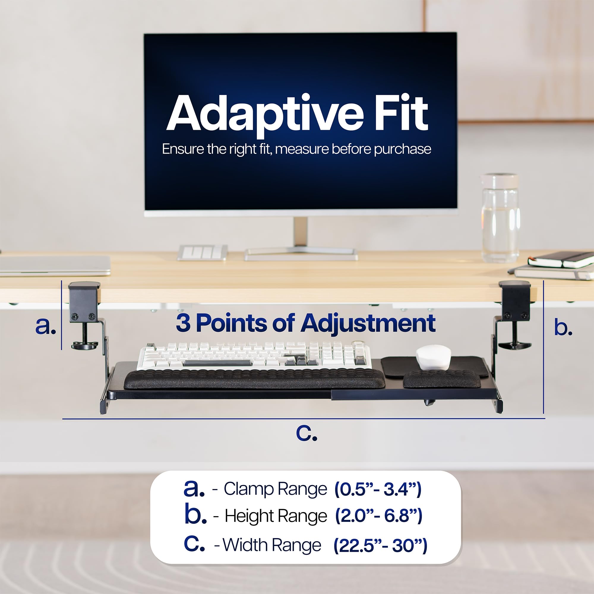 Large Height and Width Adjustable Under Desk Keyboard Tray, C-clamp Mount System, 22.5” to 30” (28.5” to 36” Including Clamps) x 11 inch Slide-Out Platform for Typing, Black