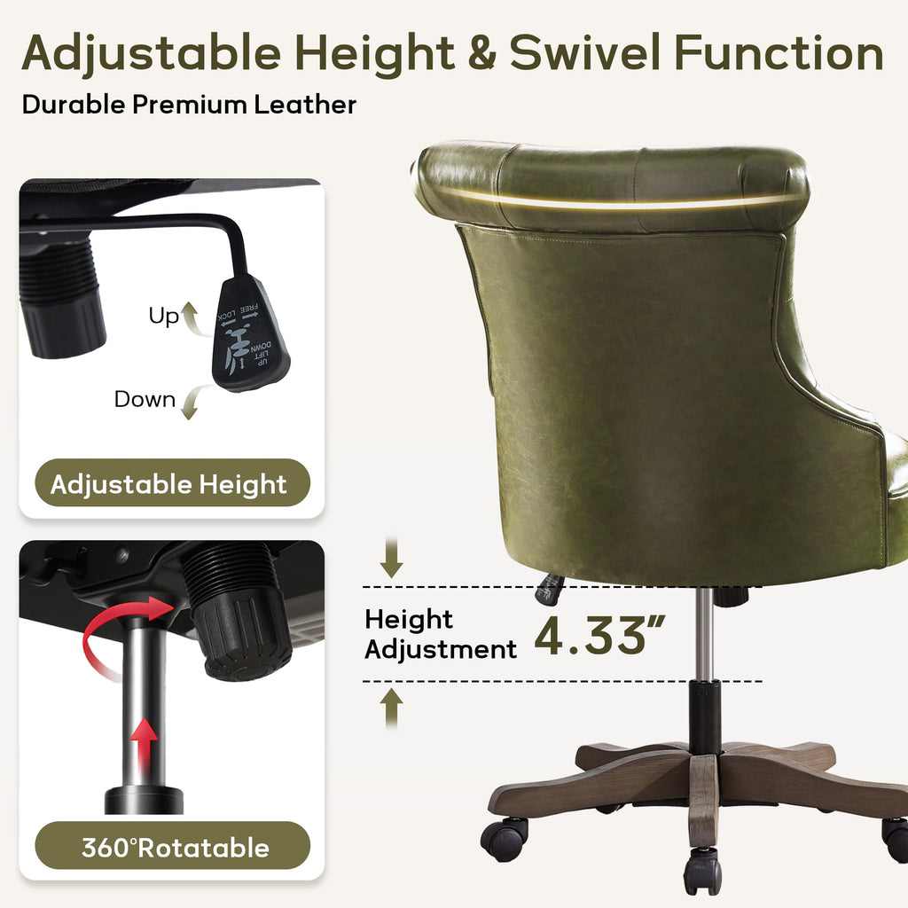 Home Office Chair Upholstered Armless PU Leather Desk Chair with Wheels Adjustable Height Computer Desk Chair with Wooden Legs Comfortable Swivel Chair for Study Studio (Dark Green)