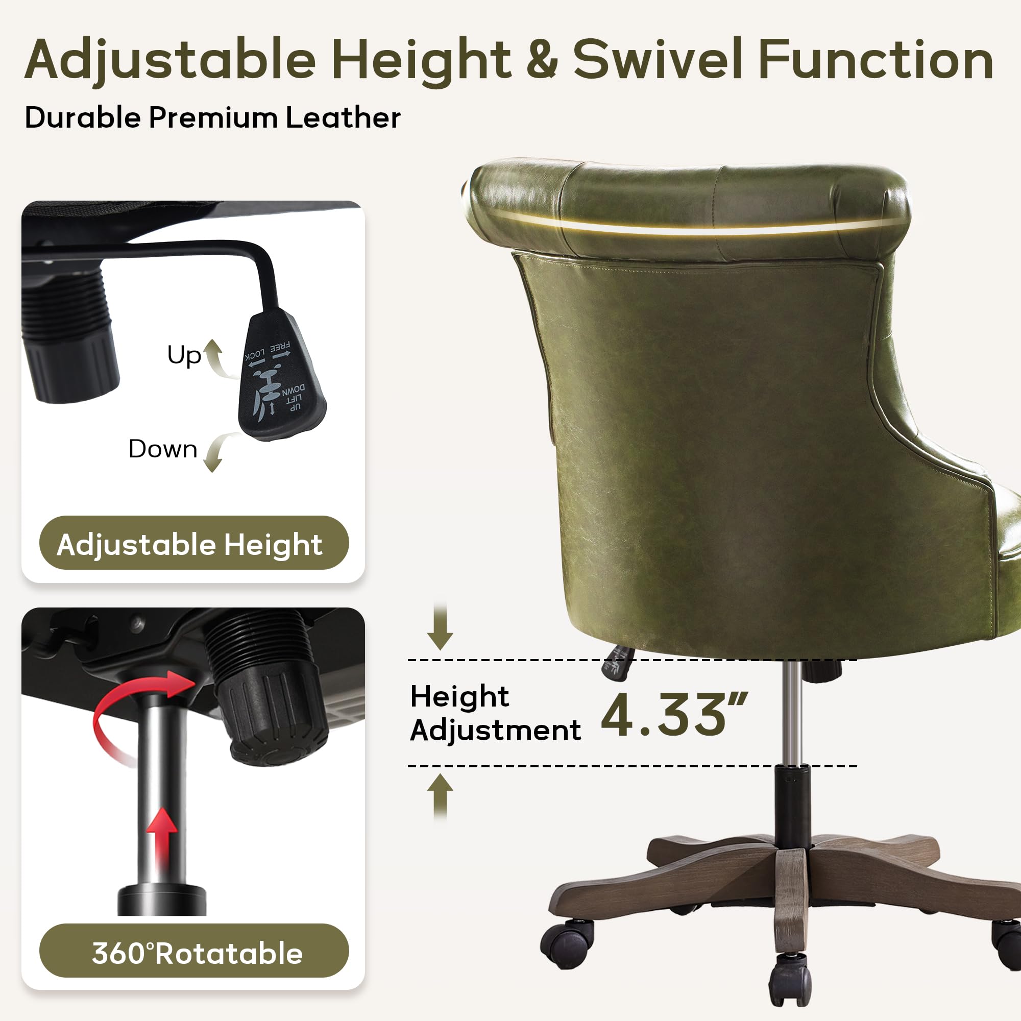 Home Office Chair Upholstered Armless PU Leather Desk Chair with Wheels Adjustable Height Computer Desk Chair with Wooden Legs Comfortable Swivel Chair for Study Studio (Dark Green)