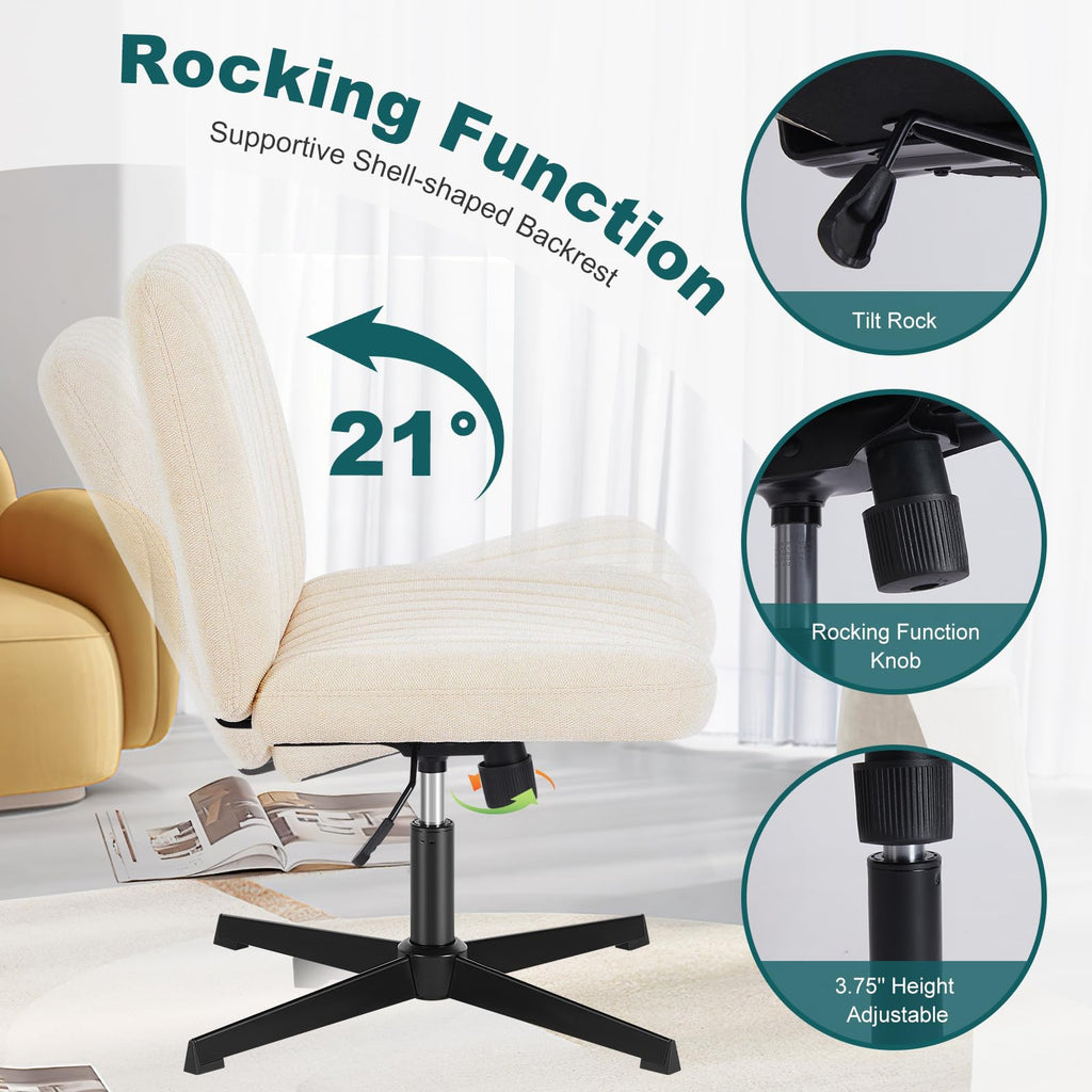 Criss Cross Legged Chairs Armless No Wheels Wide Seat Height Adjustable Swivel Padded Fabric Home Office Desk Chair for Bedroom, Student, Study Room,Beige