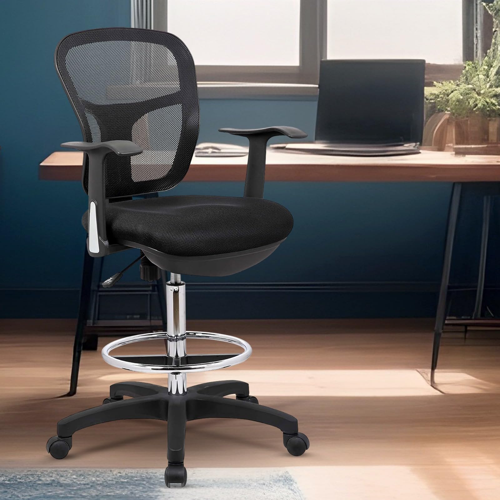 Drafting Chair Tall Office Chair with Arms Executive Ergonomic Standing Desk Chair with Anti Scratch Wheels and Footrest