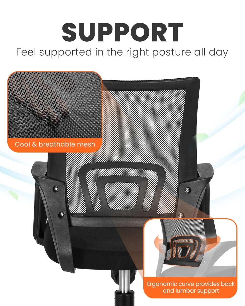 (2 pk - Black) Office Desk Computer Chair Ergonomic Mesh Gaming Cushion Seat with Comfy Lumbar Mid Back Support Adjustable Height Swivel Rolling Wheels for Home Task