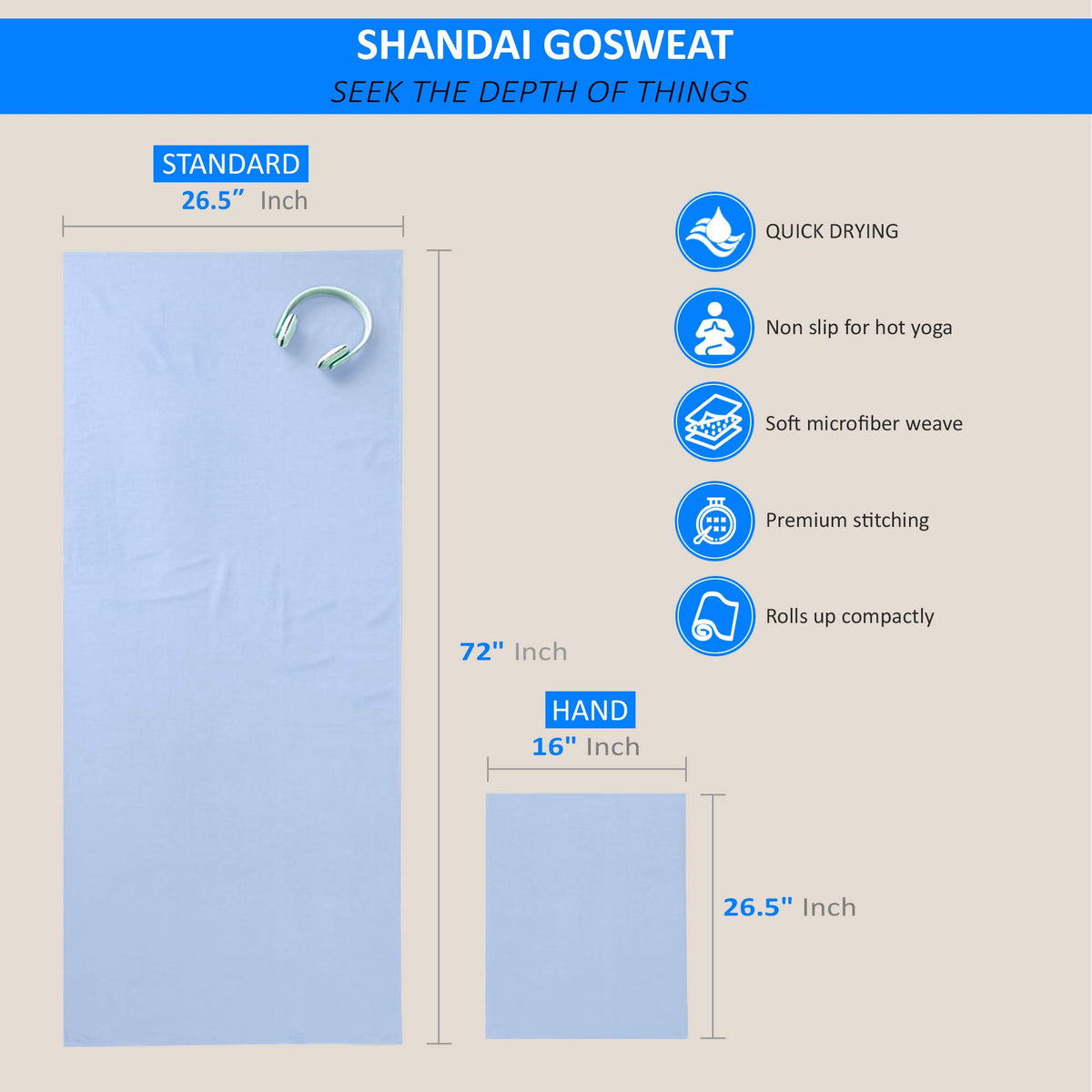 Hot Yoga Towel - Suede, 100% Microfiber, Super Absorbent, Bikram Yoga Towel, Placid Blue - 26.5 x 72
