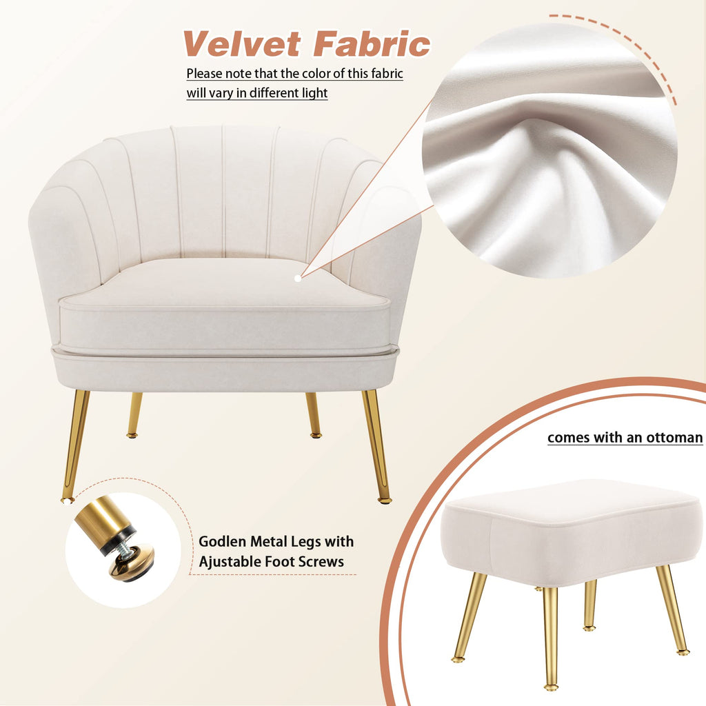 Velvet Accent Chair with Ottoman, Upholstered Modern Single Sofa Side Chair,Comfy Barrel Club Living Room Armchair with Golden Metal Legs for Office Bedroom Living Reading Room , Beige