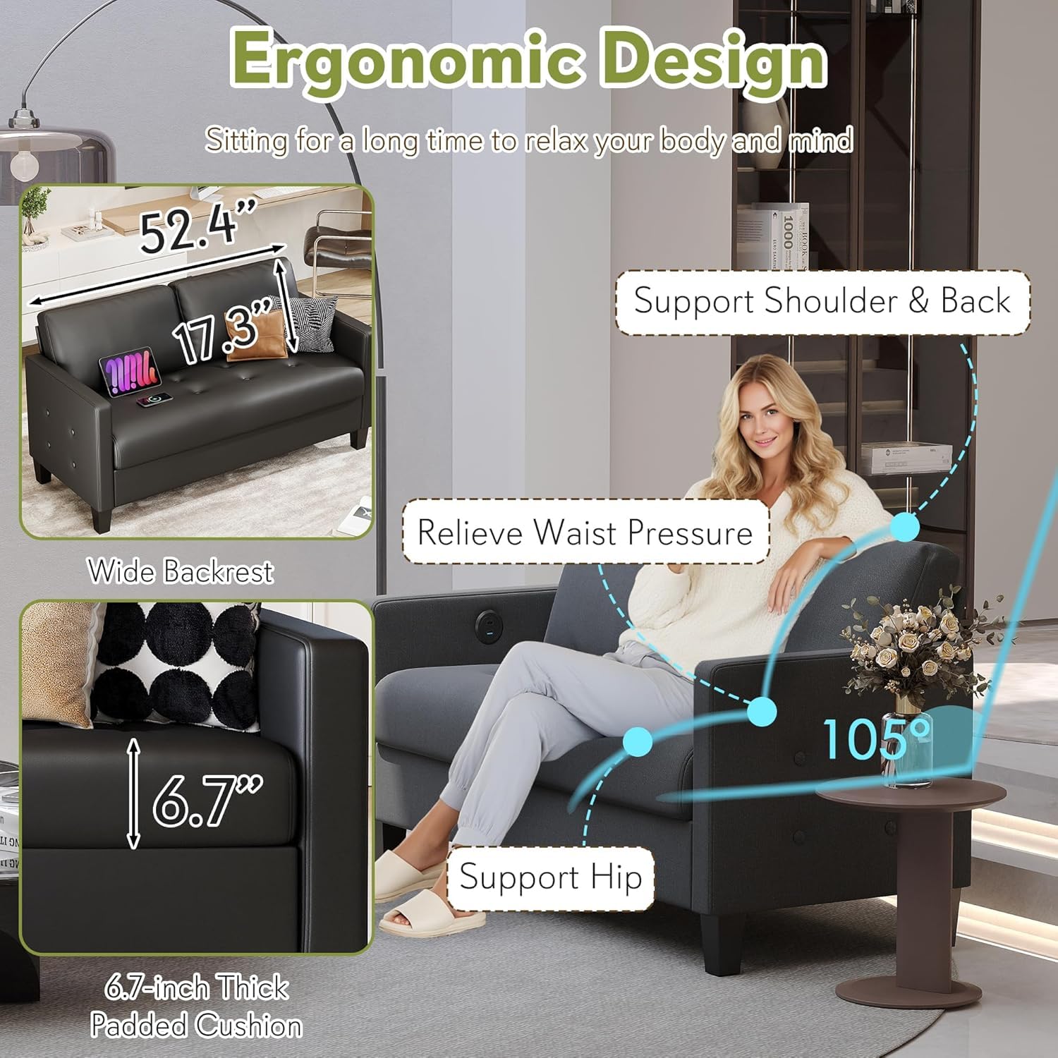 59” Black Faux Leather Sofa Couch, Modern Comfy Office 2 Seater Couch Loveseat with USB & Tufted Armrest, Small Love Seat Couches for Living Room, Bedroom, Apartment