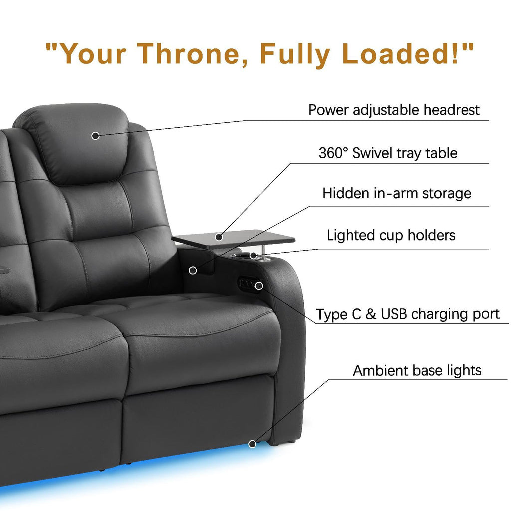 Home Theater Seating Simple Style Top Grain Leather Loveseat Recliner Chair Dual Power Movie Theater Chairs Gaming Sofa Electric Headrest with Tray Table (Black, Row of 4 Loveseat Right)