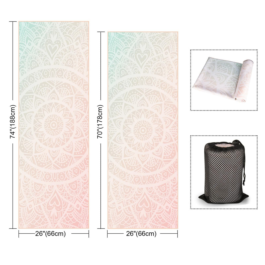 Hot Yoga Towel with Grip Dots, Non Slip, 70" x26, Pink Mandala
