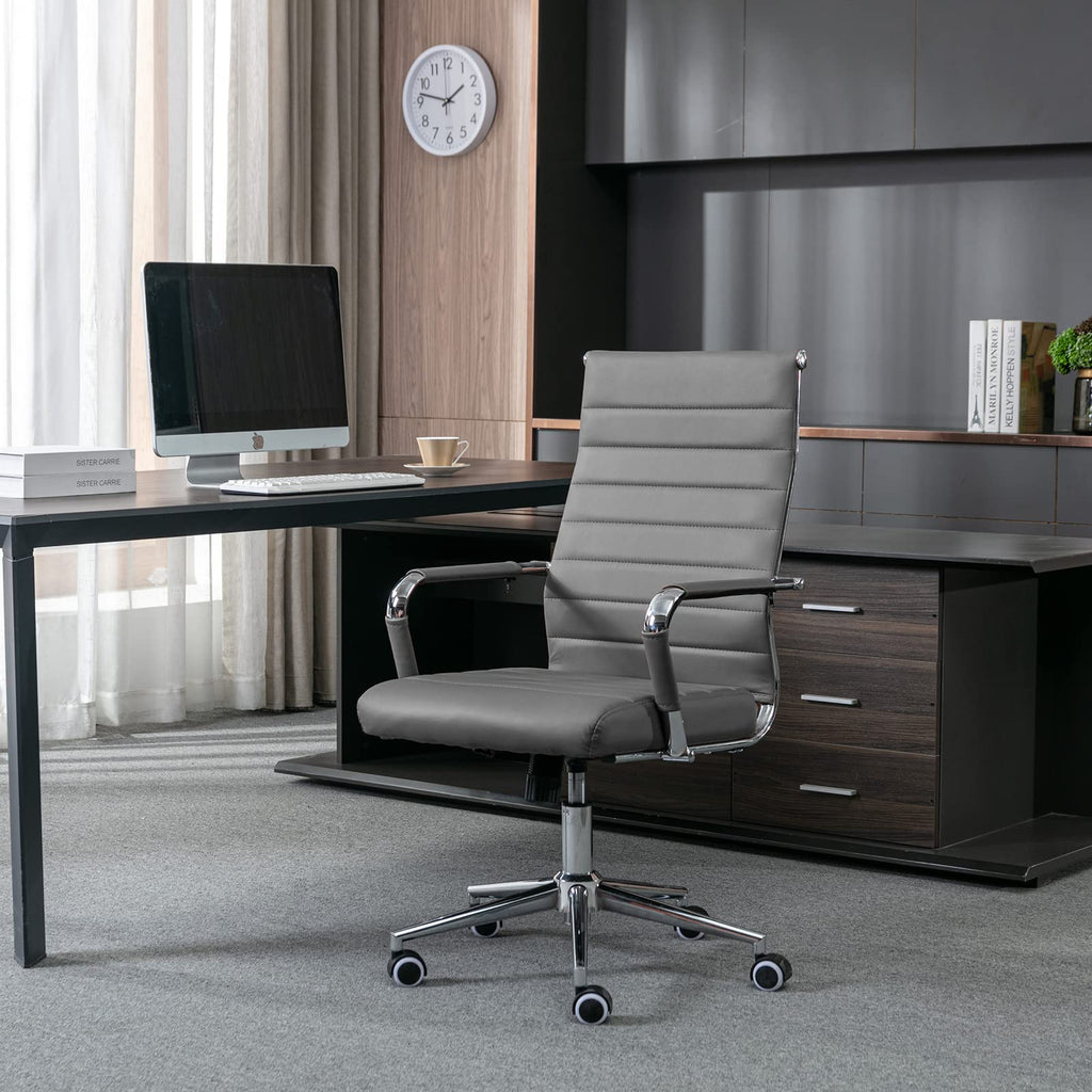 Office Chair Ribbed, Modern Leather Conference Waiting Room Chairs,Ergonomic Office Desk Chair, High Back Executive Computer Chair, Adjustable Swivel Chair with Arms (Gray)