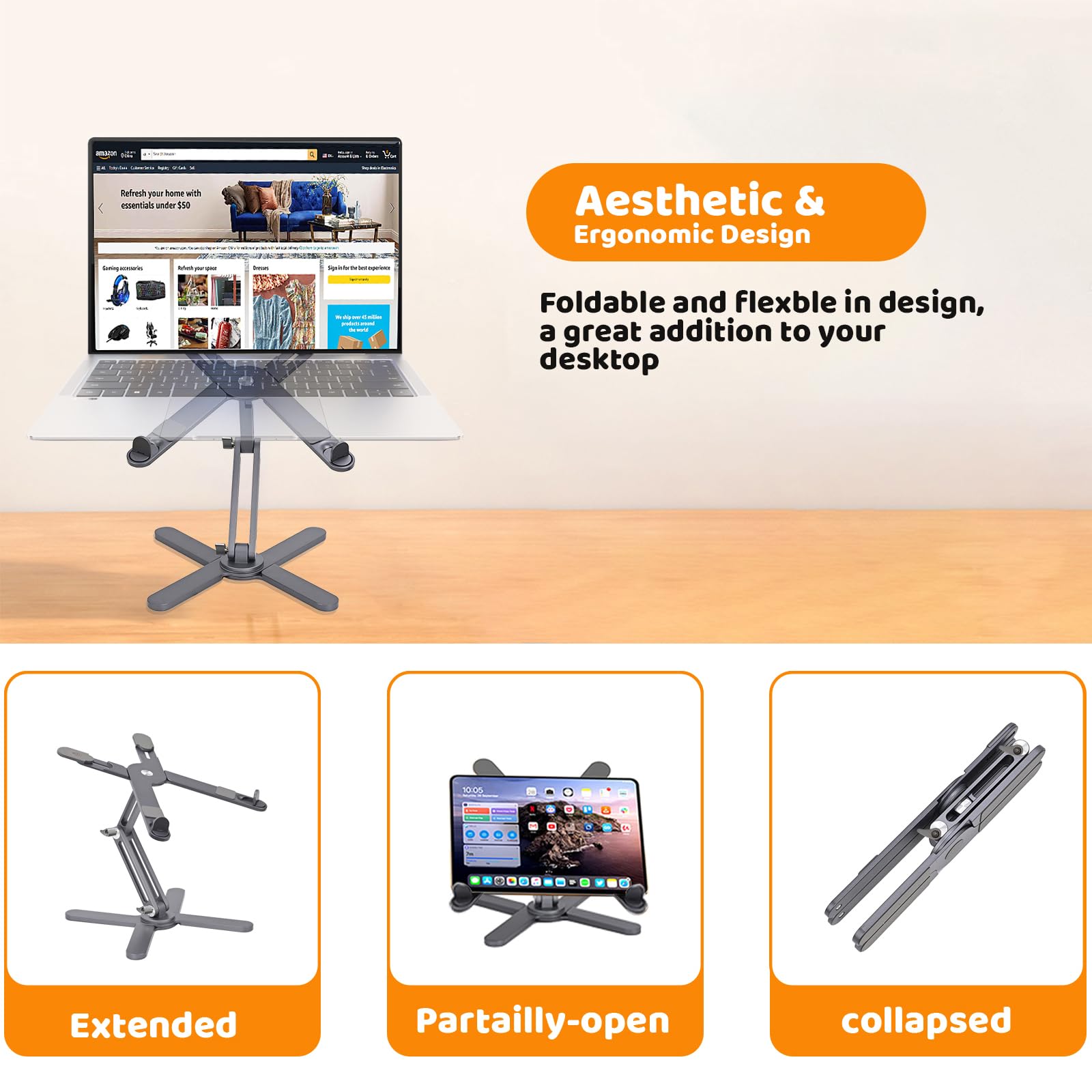 Rotating Laptop Stand, Adjustable Height & Angle, Ergonomic Metal Riser for Desk Collaborative Work, Fully Foldable for Easy Storage, Fits All MacBook & Laptops up to 16 inches, Grey