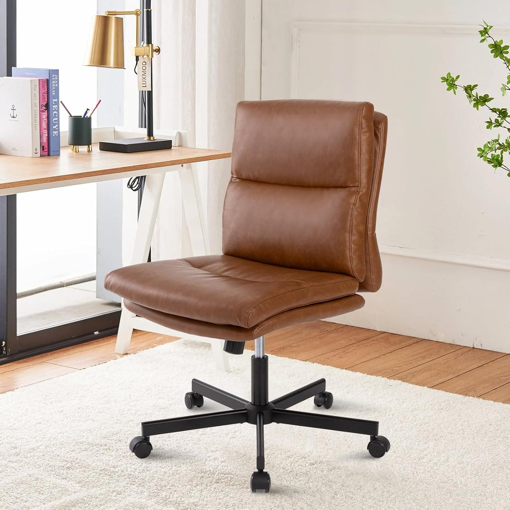 Armless Office Desk Chair with Wheels, Mid-Back Criss Cross Swivel Task Chair, Height Adjustable Cushioned Vanity Chair, Double Padded PU-Leather Chairs for Home, Office & Bedroom (Brown)