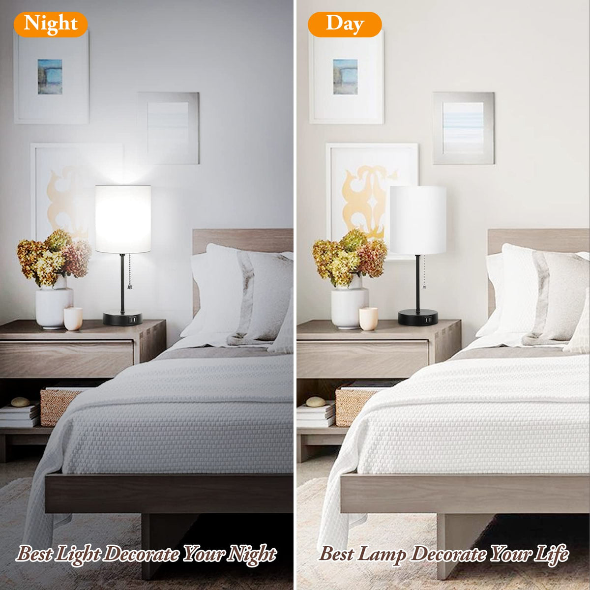 Bedside Table Lamps Set of 2 with USB Charging Ports and AC Outlet, White