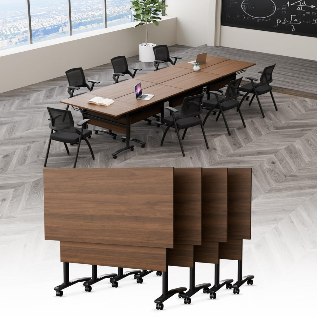 Folding Conference Table with Wheels, Flip-Top, 70.8in, 2 Pack, Walnut 1619