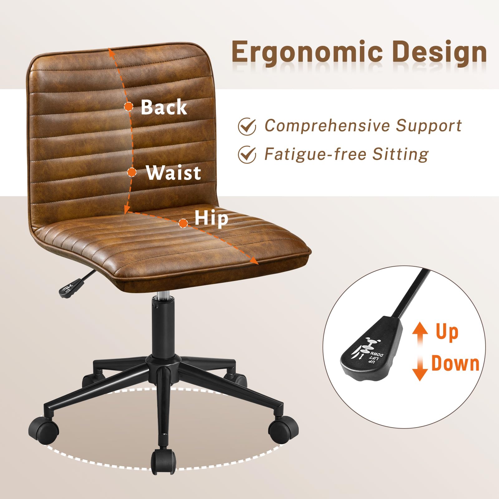 Leather Office Chair with Wheels Armless Vanity Desk Chair 360° Swivel Computer Rolling Chair with Mid Back, Height Adjustable Accent Chairs with Gold Metal Base Stool, PU YellowBrown