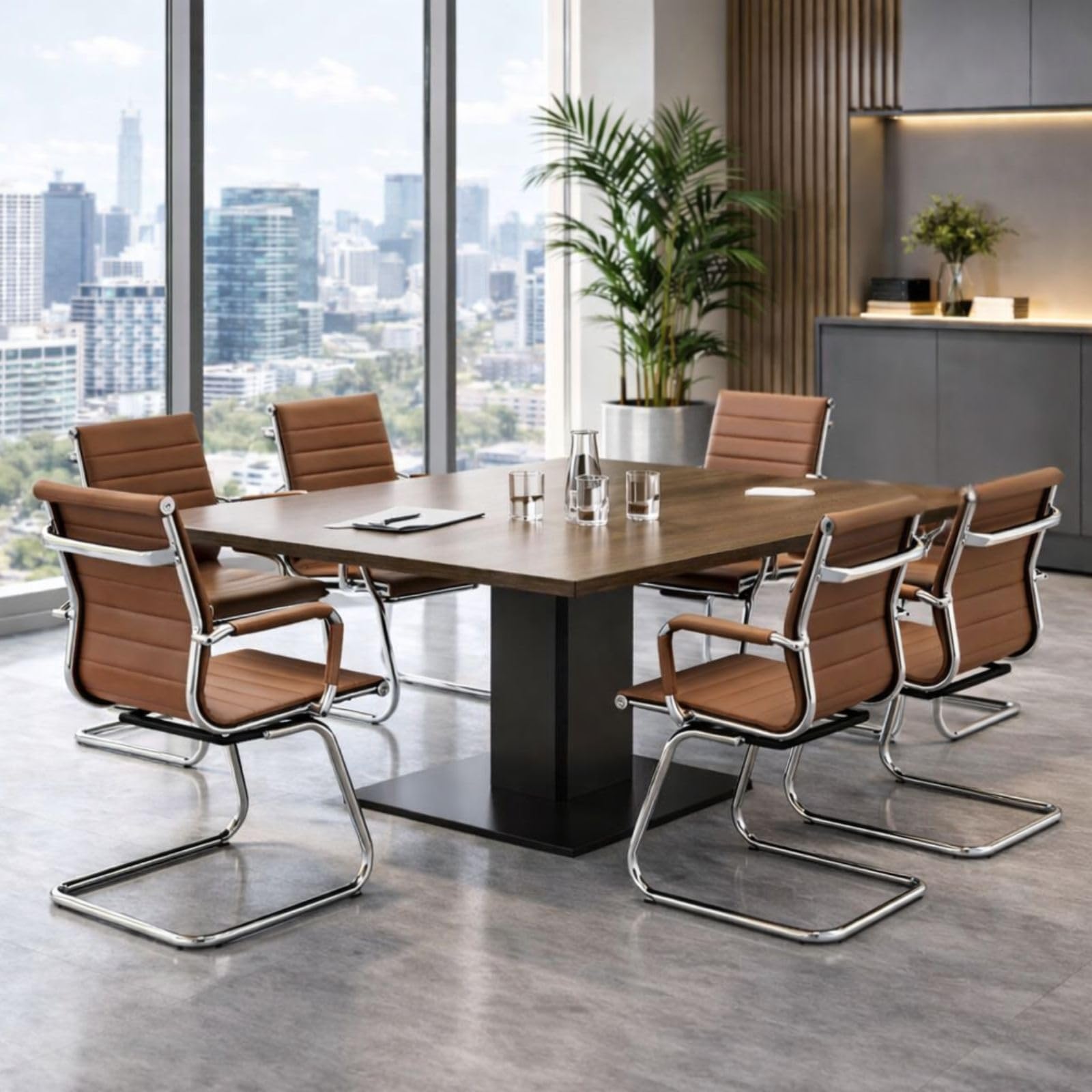 Conference Room Chairs Set of 2, Waiting Room Chairs with Arms, Faux Leather Reception Chairs No Wheels, Office Guest Chairs with Mid Back Support and Chrome Sled Base, Cafe