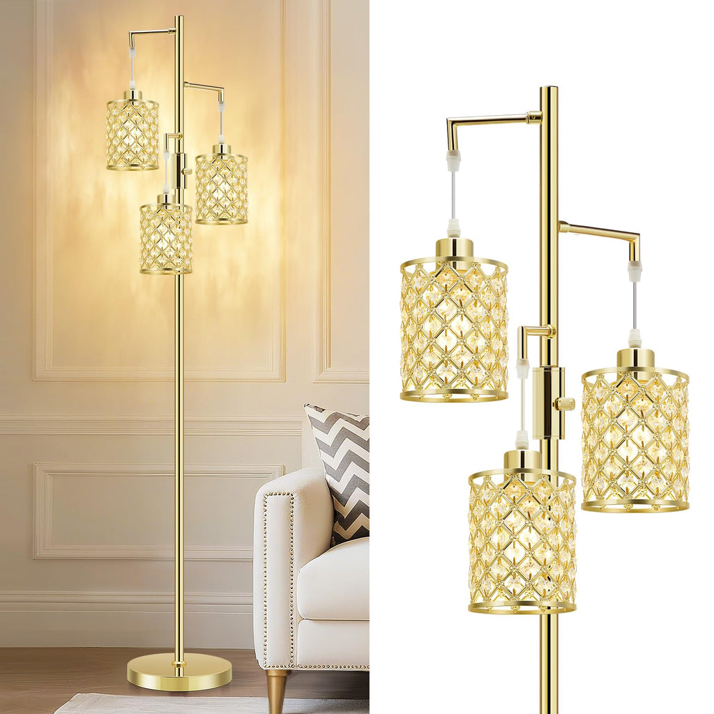 Morden Gold Crystal Floor Lamps for Living Room, 3-Light Standing Tall Lamp with Elegant K9 Crystal Shade & Rotary Switch, Modern Corner Floor Lamp for, Bedroom, Home Office, Reading