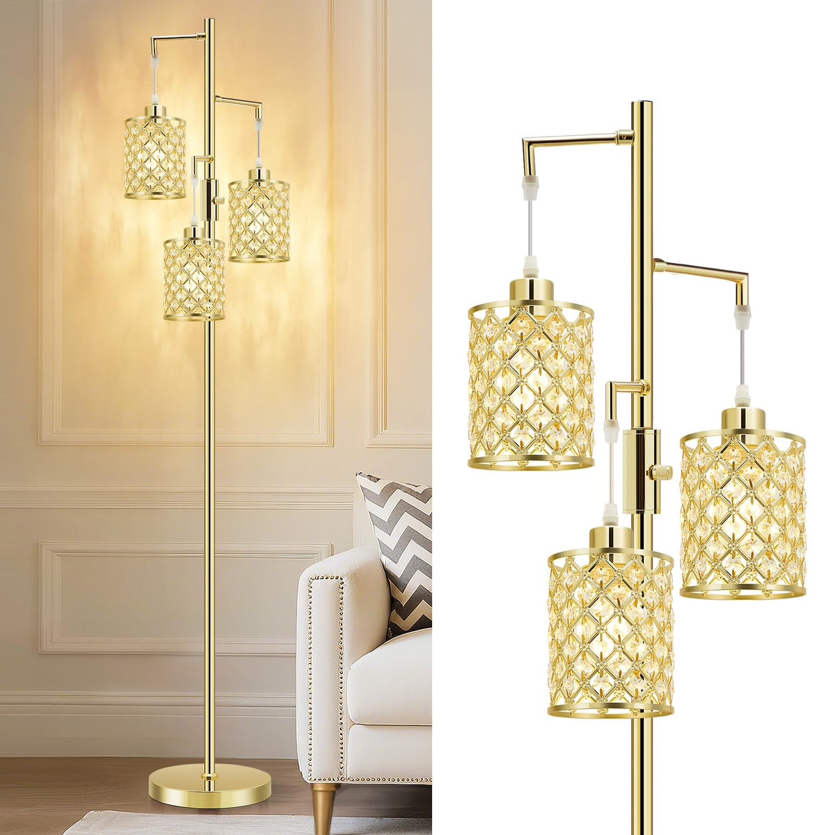 Morden Gold Crystal Floor Lamps for Living Room, 3-Light Standing Tall Lamp with Elegant K9 Crystal Shade & Rotary Switch, Modern Corner Floor Lamp for, Bedroom, Home Office, Reading