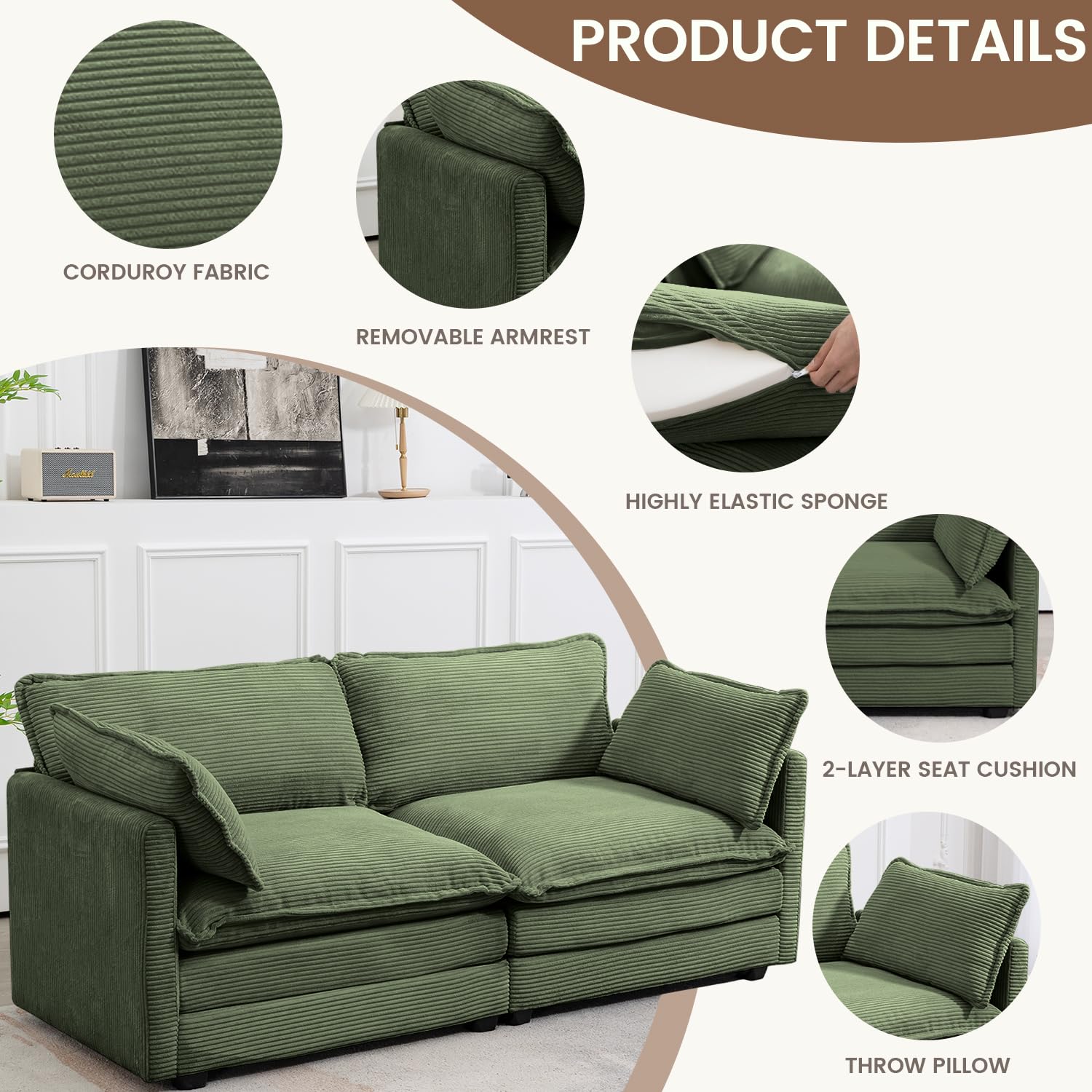 Sectional 2 Seat Cloud Loveseat with 2 Throw Pillows, Modern Corduroy Love Seat Sleeper Bed, Convertible Cozy Sofa for Living Room and Office, Green