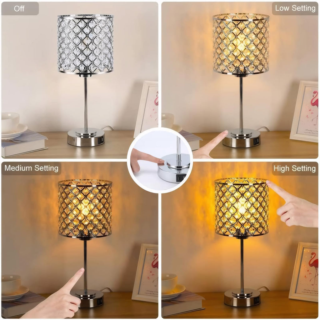 Crystal Bedside Table Lamp, Silver Touch Bedroom Lamp, USB C+A Ports
