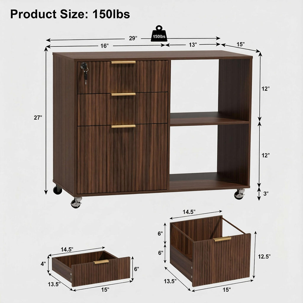 3 Drawer Fluted Mobile Filing Cabinet with Lock, Lateral Rolling Under Desk File Cabinet, Wooden Printer Stand Table for Home Office Essentials Storage Organization Furniture Letters/A4(Walnut)