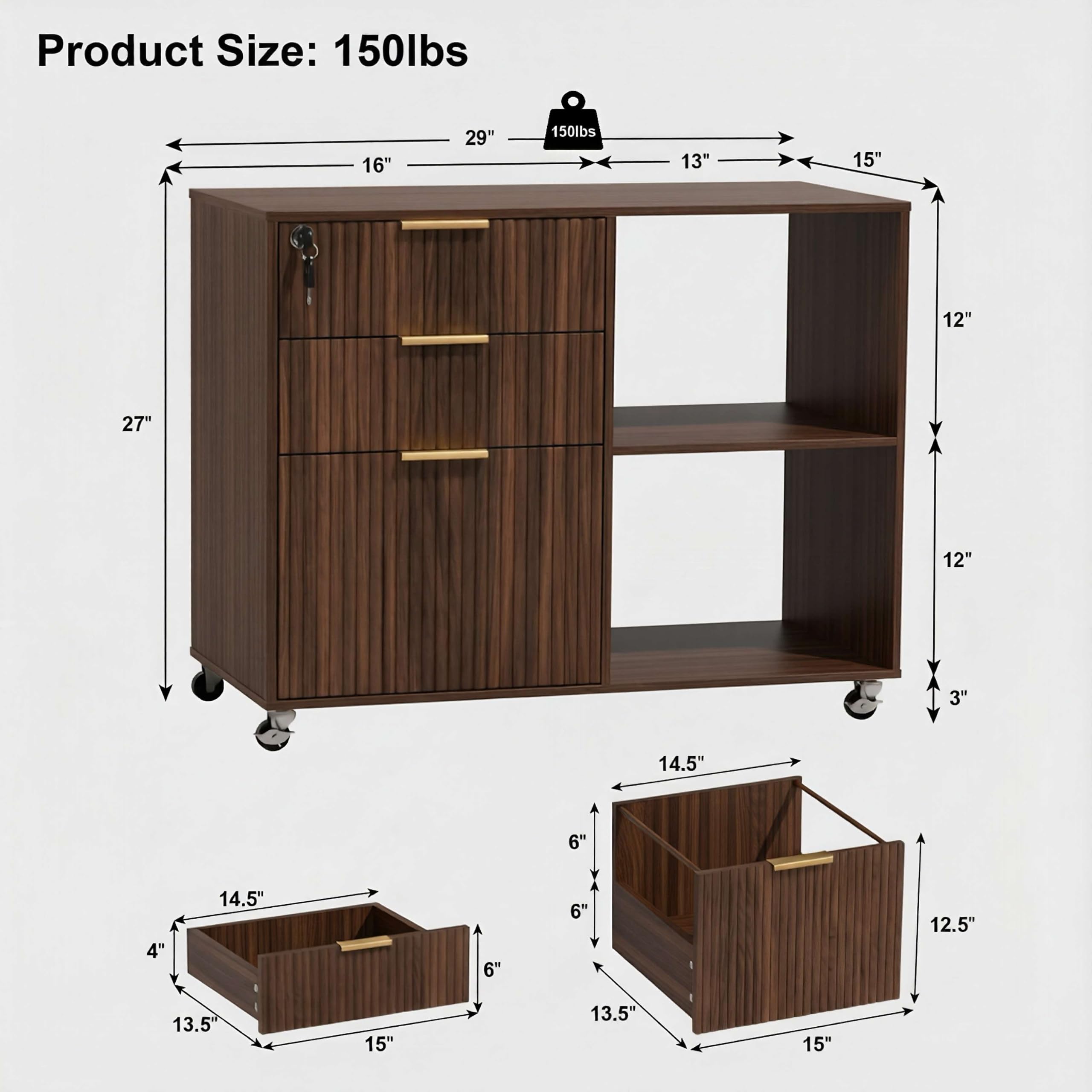 3 Drawer Fluted Mobile Filing Cabinet with Lock, Lateral Rolling Under Desk File Cabinet, Wooden Printer Stand Table for Home Office Essentials Storage Organization Furniture Letters/A4(Walnut)