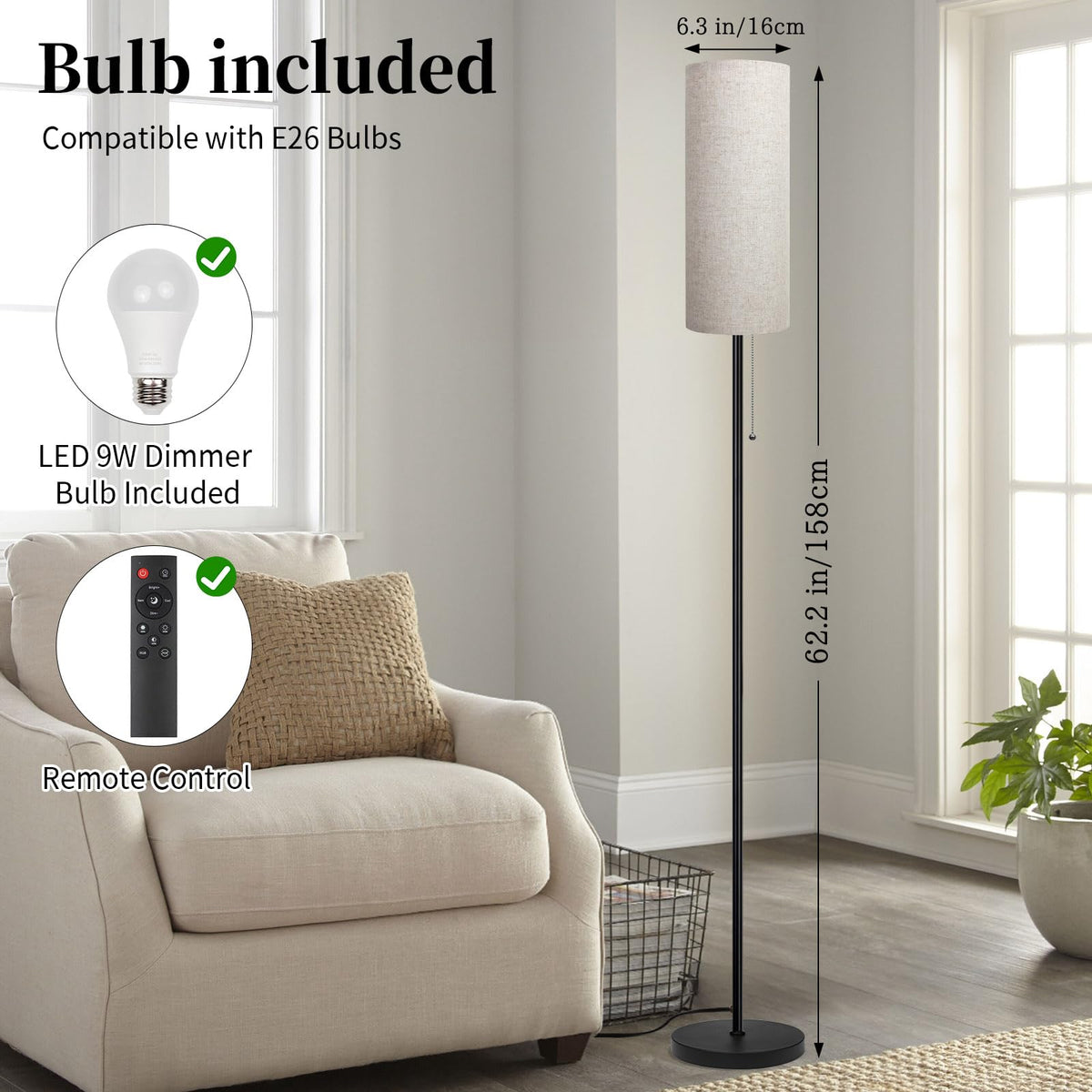 Floor Lamp for Living Room, Modern Standing Lamps with Lampshade, Minimalist Tall Lamp with Chain Switch for Living Room, LED Bulb Included (Beige Shade-RGB Bulb)