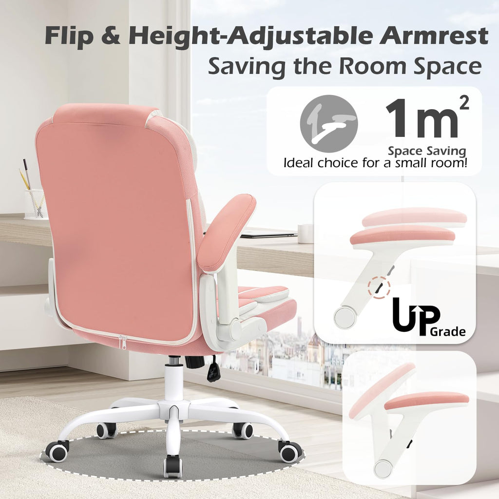 Pink Office Chair Ergonomic Desk Chair with Lumbar Support, Flip-Up Arms, Adjustable Swivel Computer Chair with Wheels, Comfortable PU Leather Cute Office Chair for Home Office Small Space