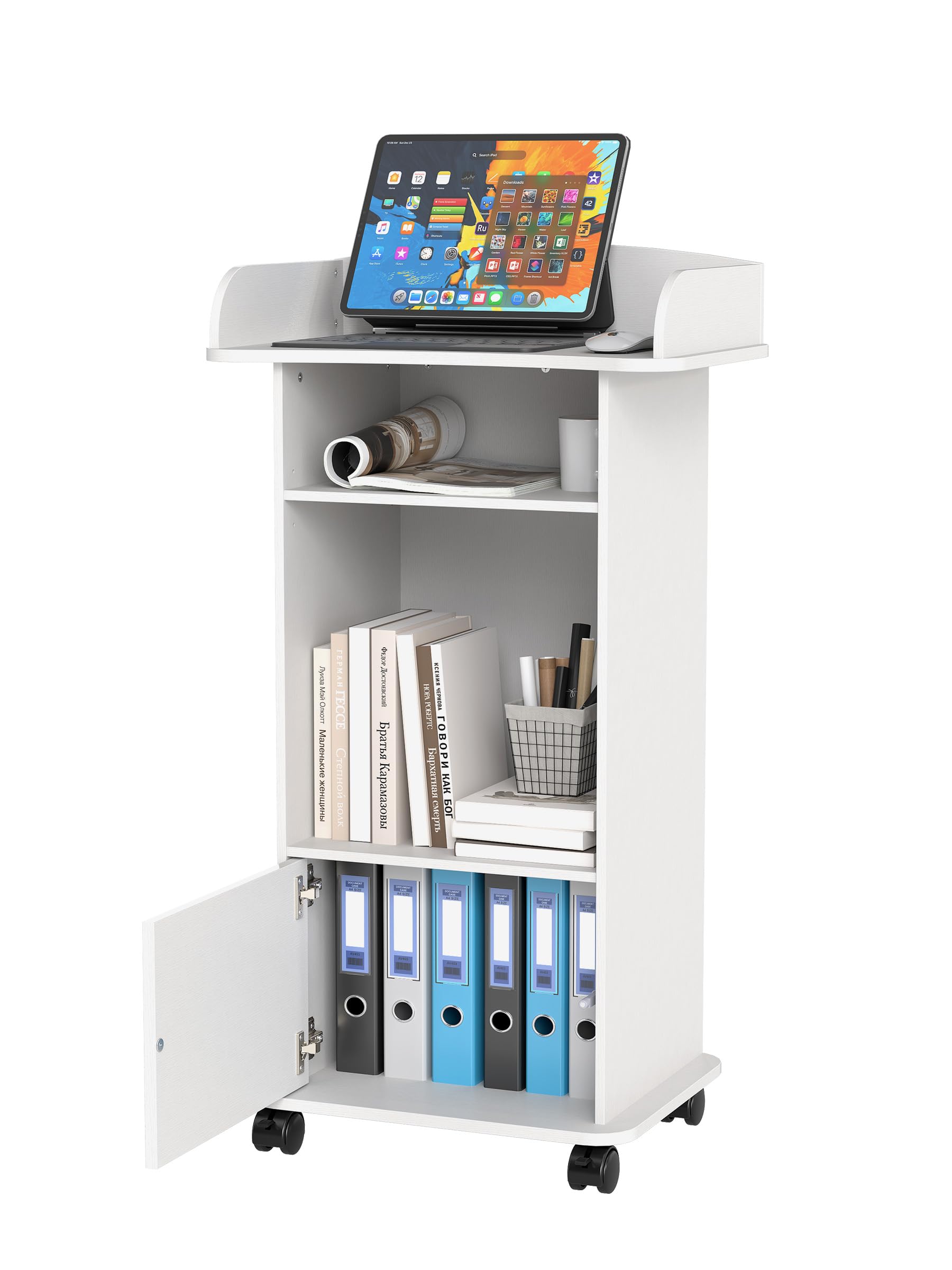 Podium Stand with Wheels Wooden Lectern Podium Stand Portable Pulpit Standing with Storage Mobile Reception Podiums Desk for Church Office School Conference Restaurant Meeting, White