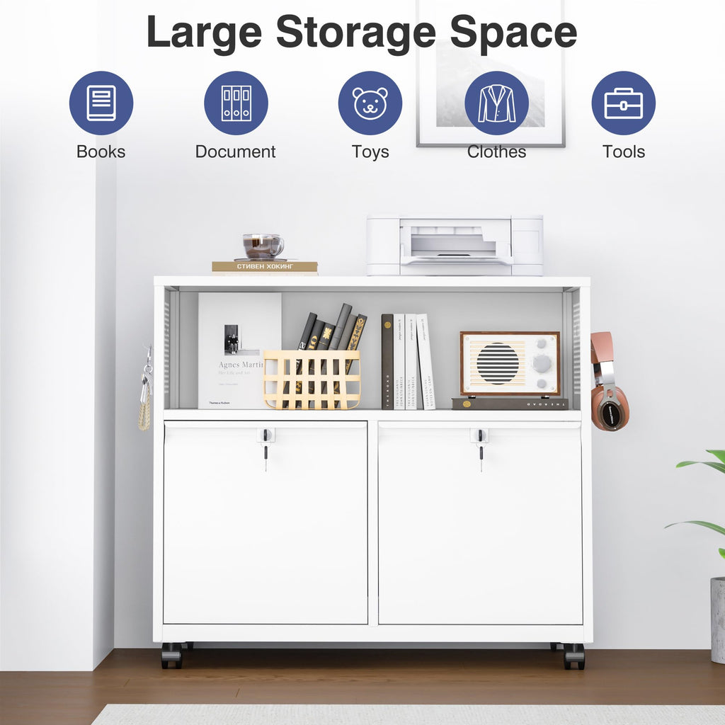 Metal File Cabinet,2 Drawer Lateral Filing Cabinet with Lock,Rolling Printer Stand Storage Cabinets with Shelves for Home Office Letter/Legal/A4 Size Files(White)