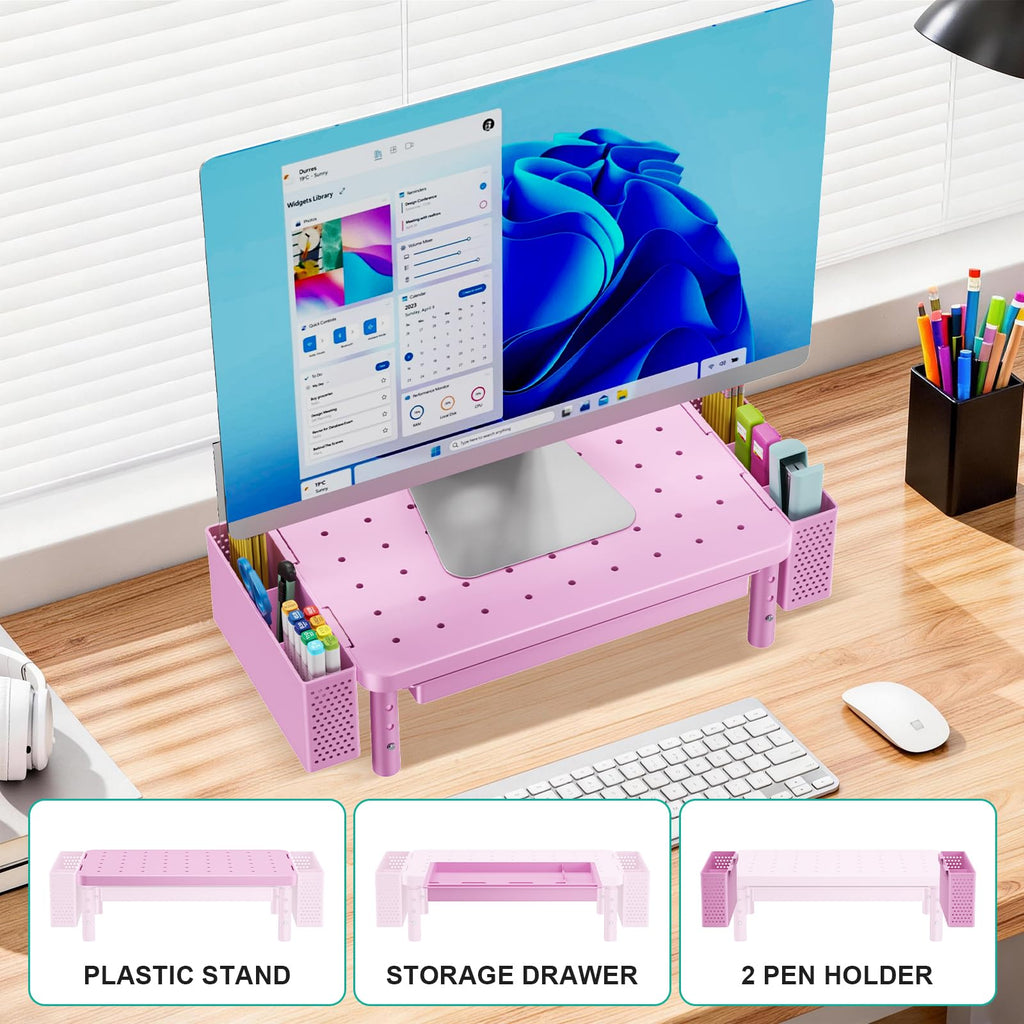 Computer Monitor Stand with Storage, Desk Organizer with Drawer and Pen Holder, Desk Monitor Riser 3 Height Adjustable, Laptop Riser for Computer, Laptop, Printer (PTT003-P), 1 Pack, Pink