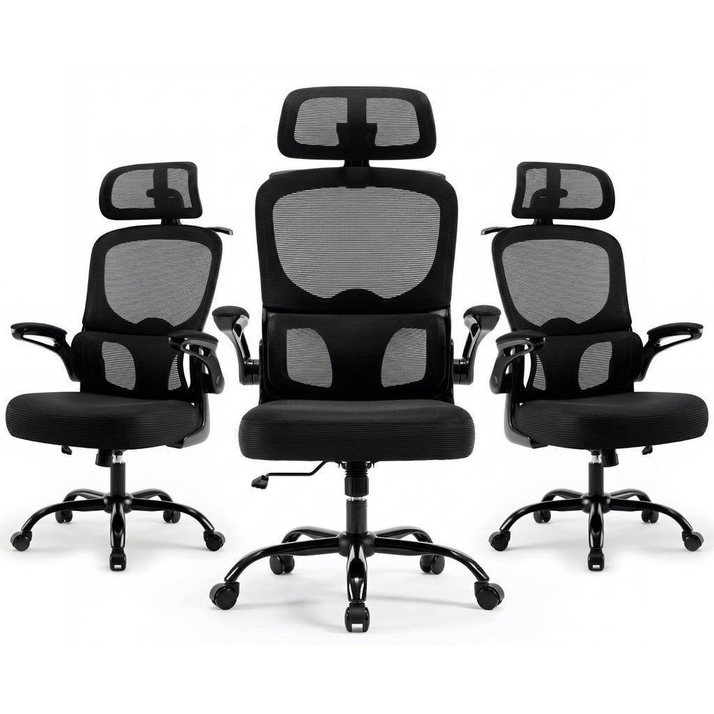 Ergonomic Mesh Office Chair,330LB Capacity High Back Desk Chair with Adjustable Lumbar Support, Adjustable Headrest & Flip-Up Arms,Breathable Computer Chair for Home Office,Work & Study,3pcs