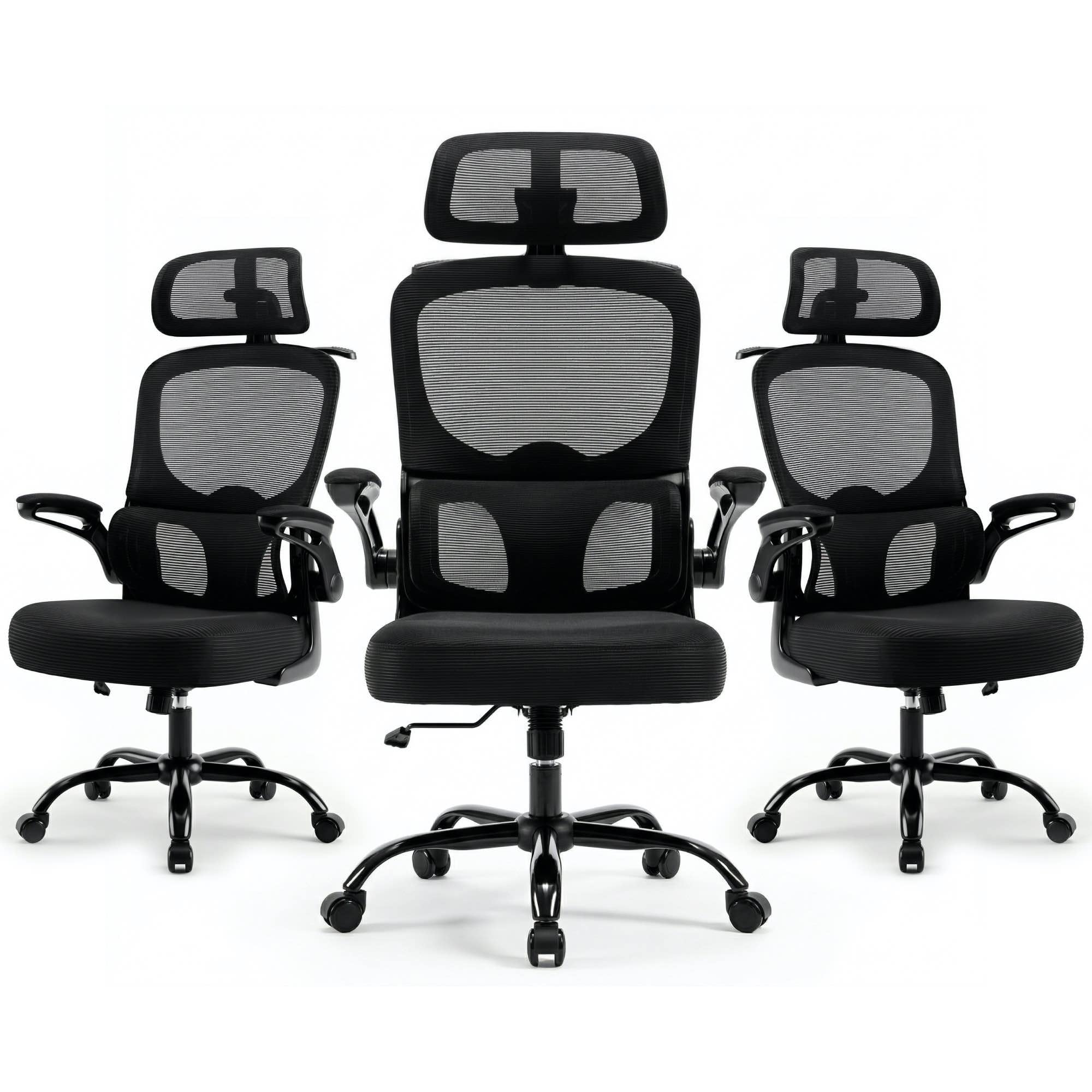 Ergonomic Mesh Office Chair,330LB Capacity High Back Desk Chair with Adjustable Lumbar Support, Adjustable Headrest & Flip-Up Arms,Breathable Computer Chair for Home Office,Work & Study,3pcs
