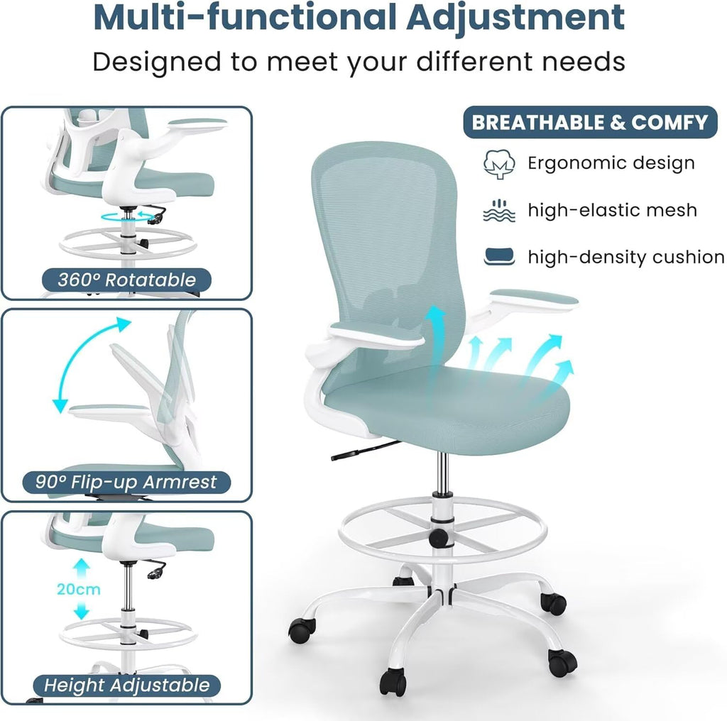 Drafting Chair Tall Standing Desk Executive Ergonomic Computer Office Chair, Adjustable Height Swivel Chair with Lumbar Suppor