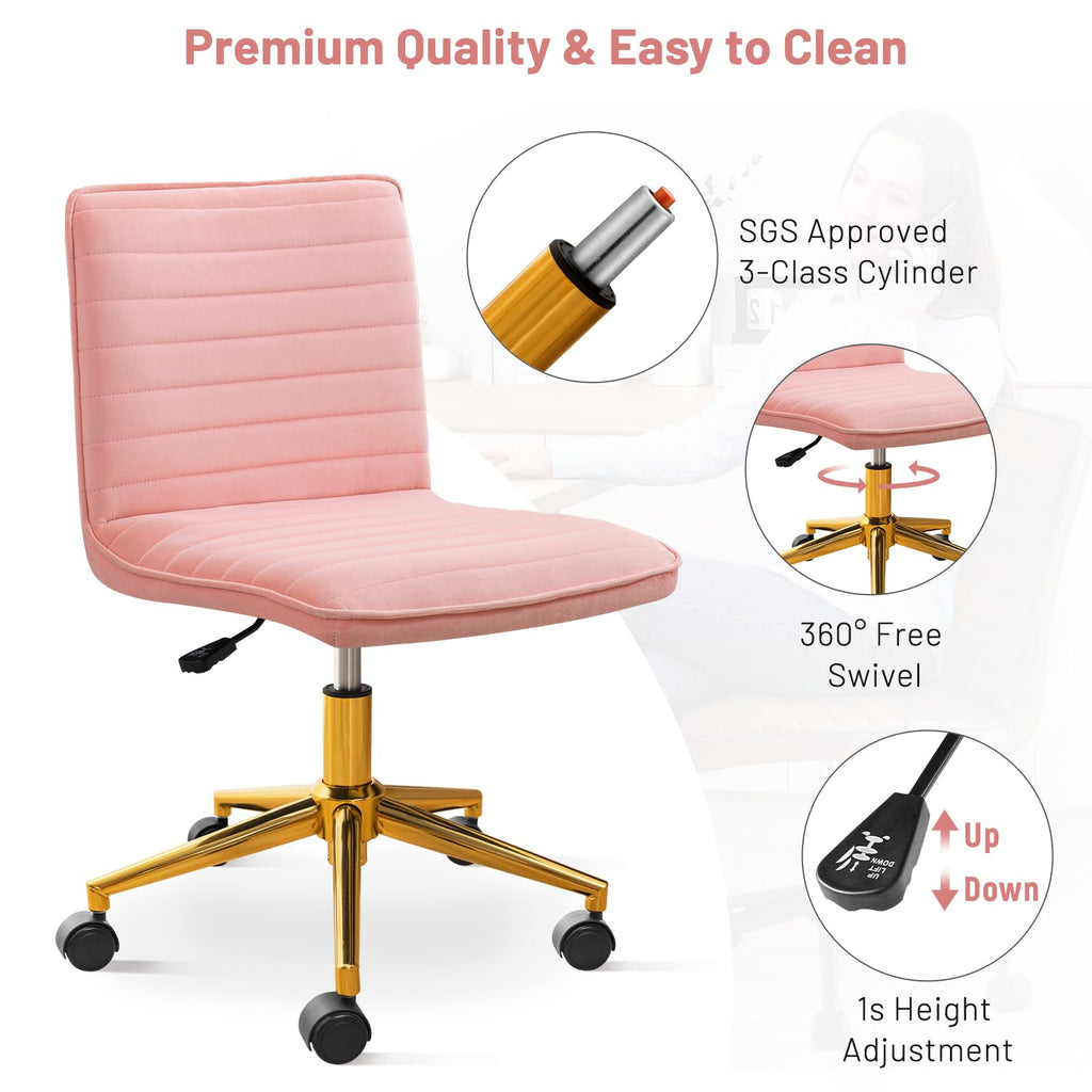 Armless Vanity Chair with Wheels, Computer Rolling Desk Chair with Back, Pink Office Chair with Height Adjustable Soft Velvet Fabic Gold Metal Base Stool,Pink