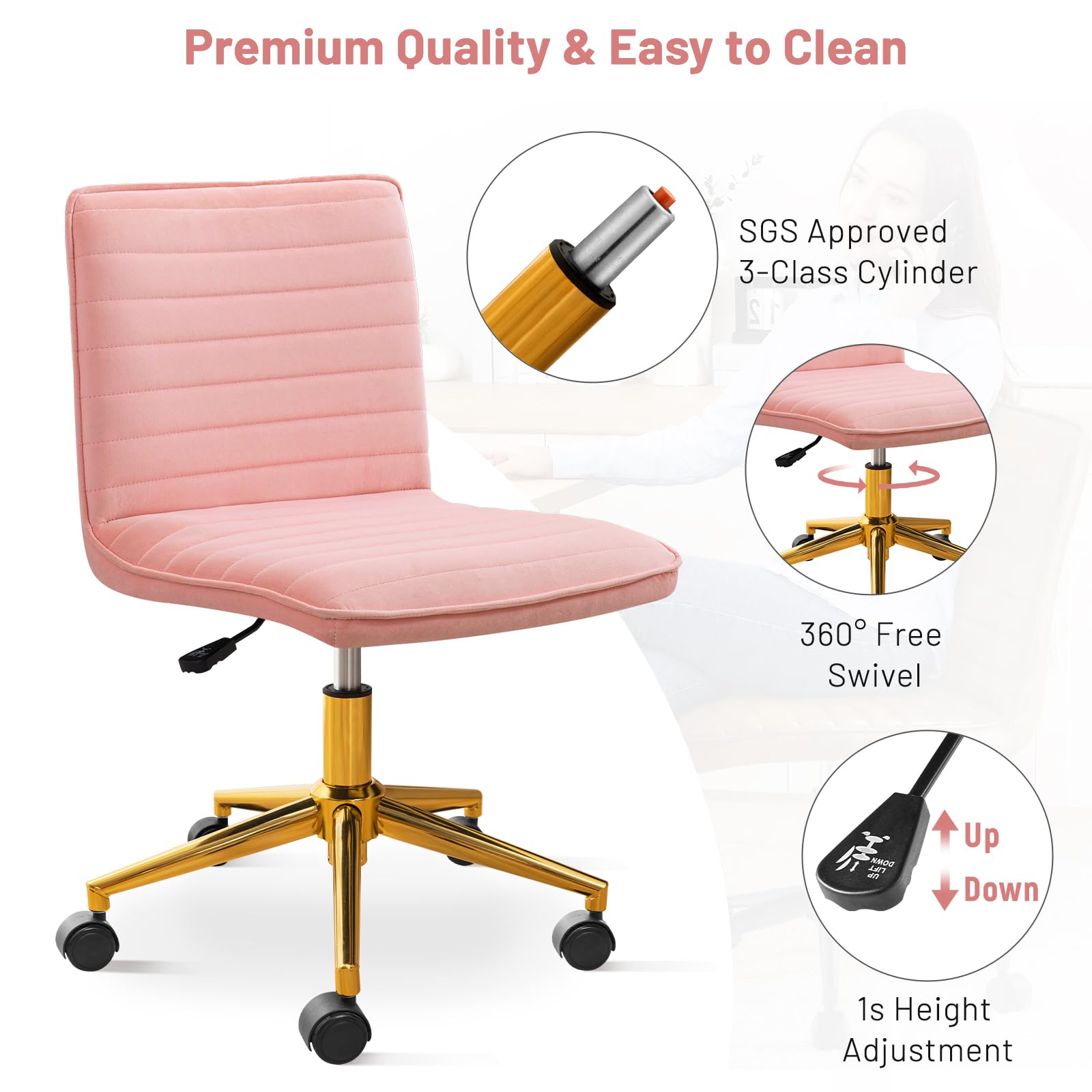 Armless Vanity Chair with Wheels, Computer Rolling Desk Chair with Back, Pink Office Chair with Height Adjustable Soft Velvet Fabic Gold Metal Base Stool,Pink