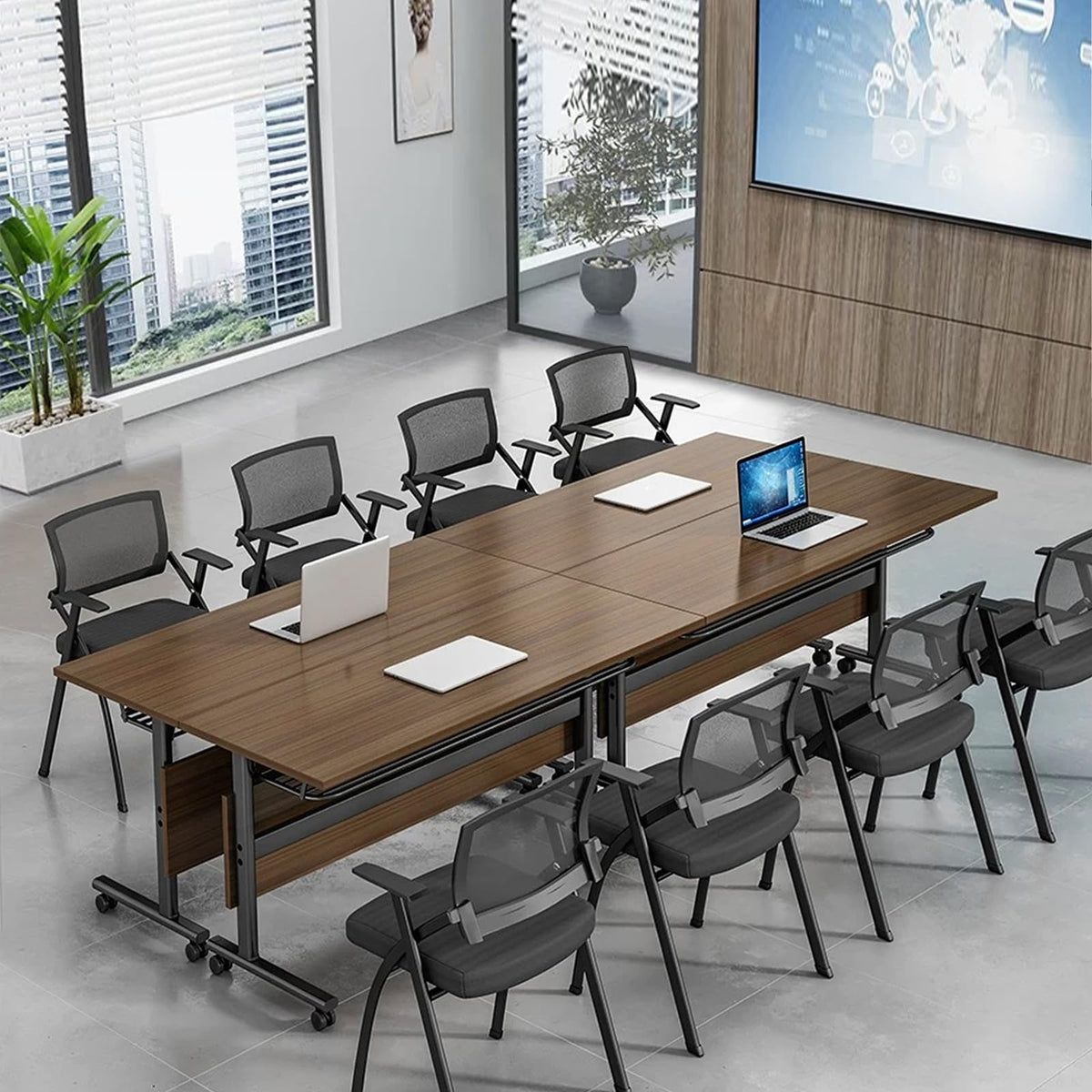 Folding Conference Table, Flip-Top, 61in, Walnut, Set of 2