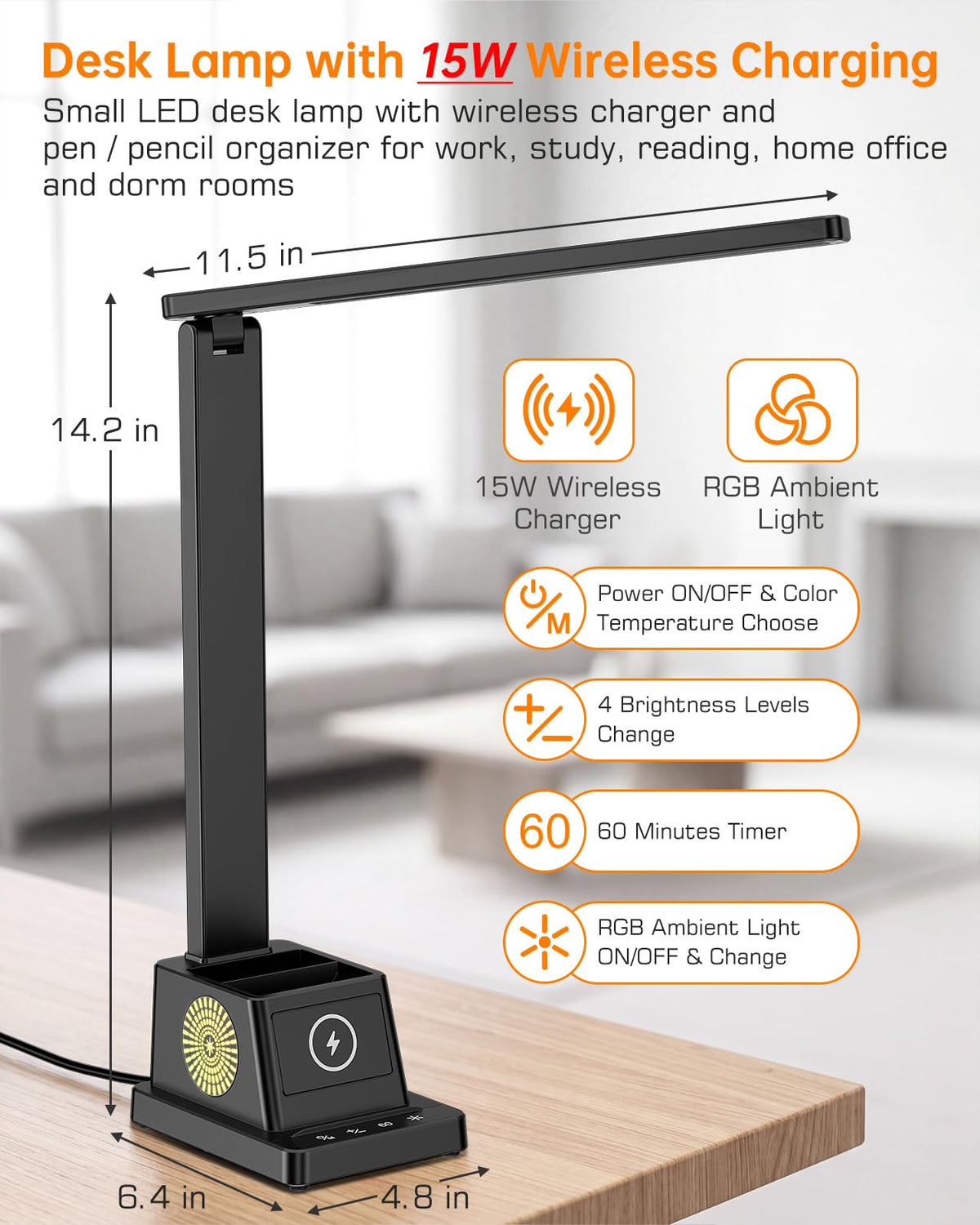LED Desk Lamp for Home Office,15W Wireless Charger Pen Holder, Black