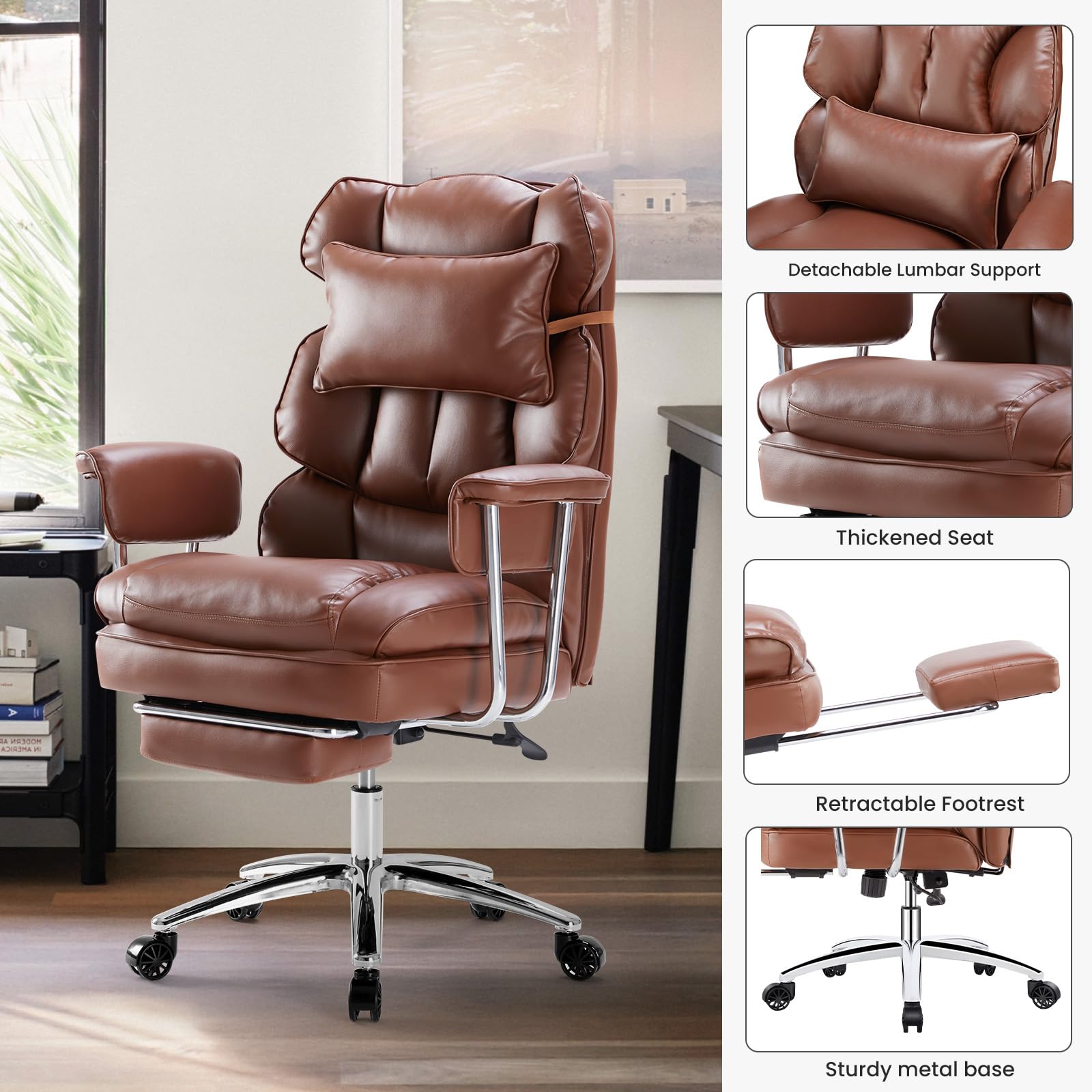 Home Office Desk Chair Comfy with Foot Rest, PU Leather Ergonomic Big and Tall High Back Support, 360° Swivel Wheels, Armrests and Detachable Pillow, Height Adjustable, Brown